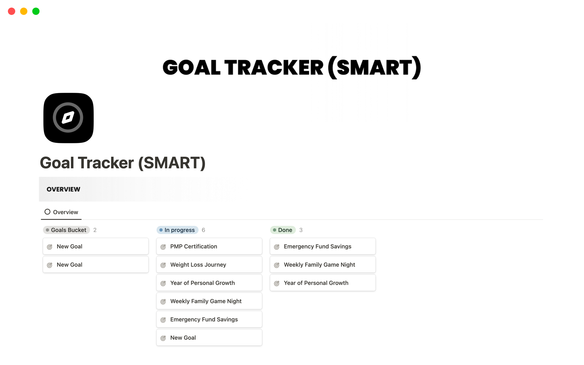 A template preview for Goal Tracker (SMART)