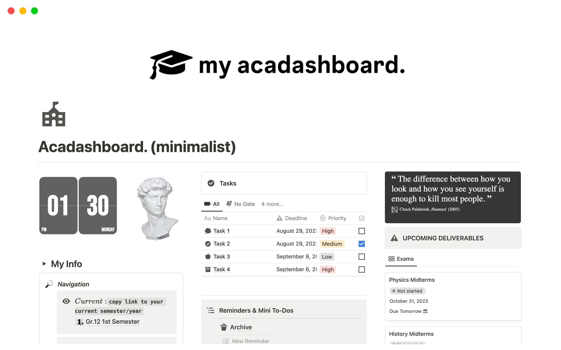 Aperçu du modèle de Minimalist Acadashboard: Student OS