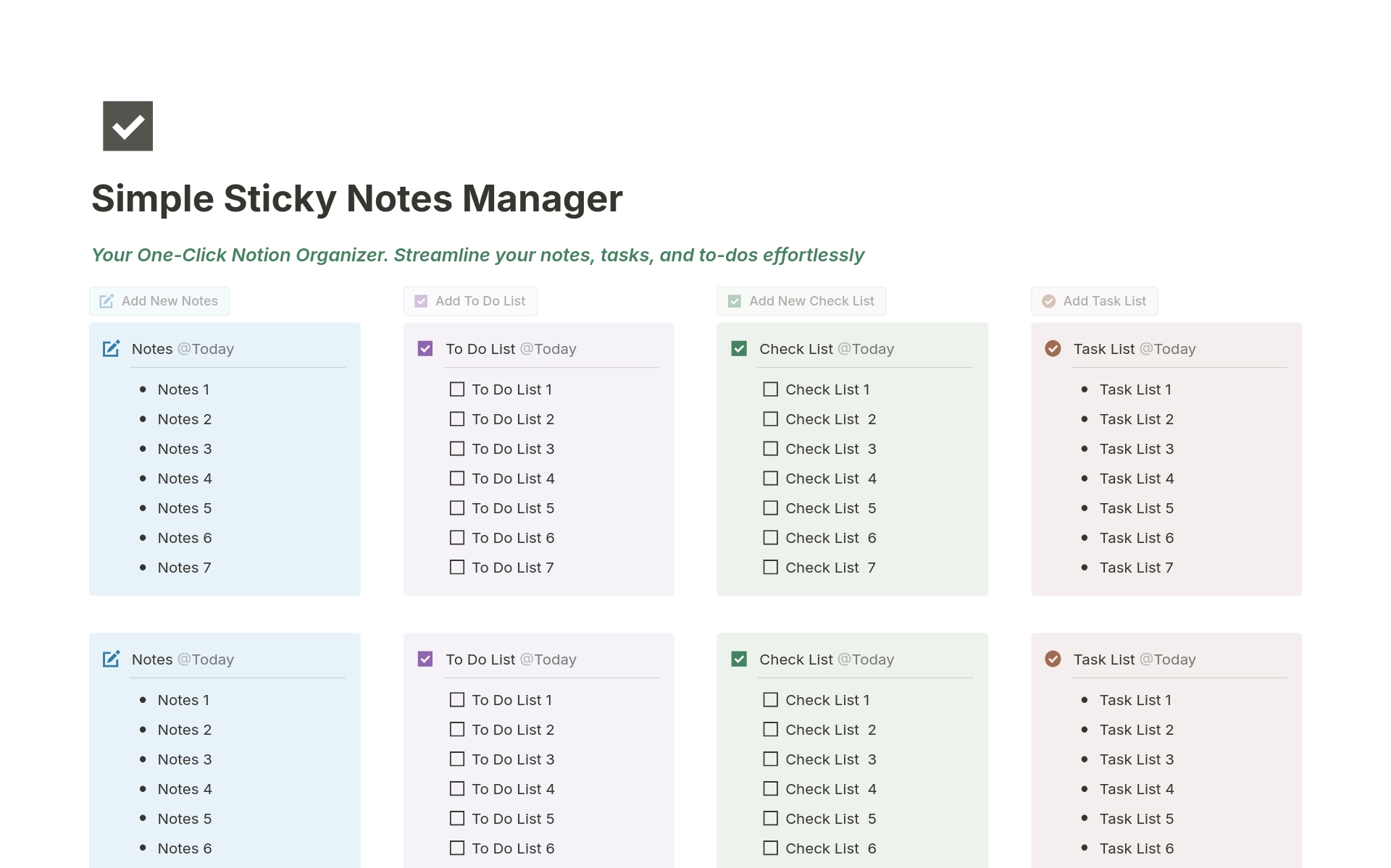 Introducing Simple Sticky Notes Manager, your ultimate companion for effortless organization within Notion. This intuitive template empowers you to streamline your notes, tasks, and to-dos with just one click, revolutionizing the way you manage your digital workspace.