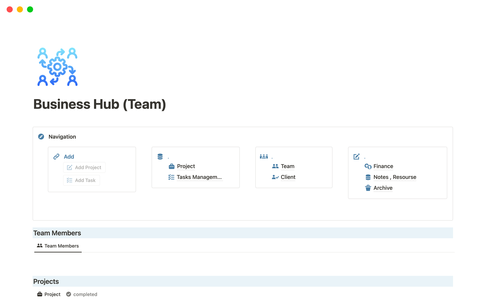 Vista previa de plantilla para Business Hub (Team)