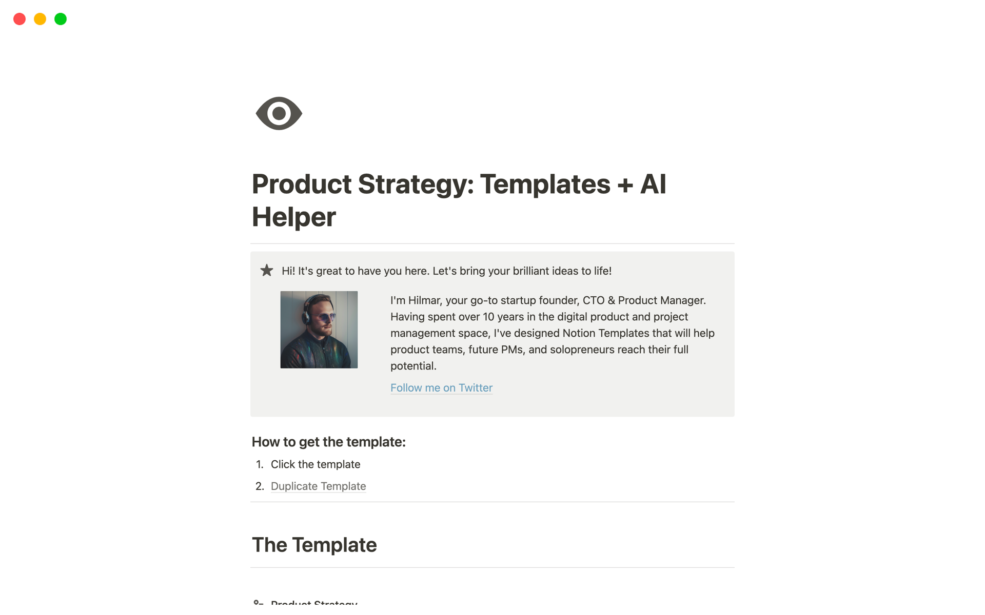 A template preview for Product Strategy: Templates + AI Helper