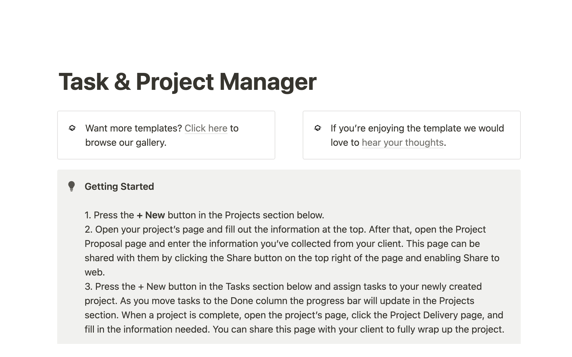 Uma prévia do modelo para Notion Task & Project Manager