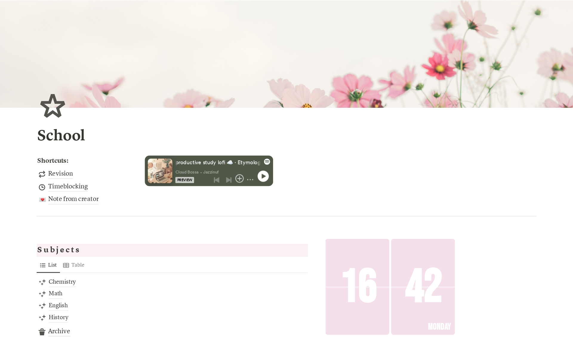 A template preview for Pink student dashboard