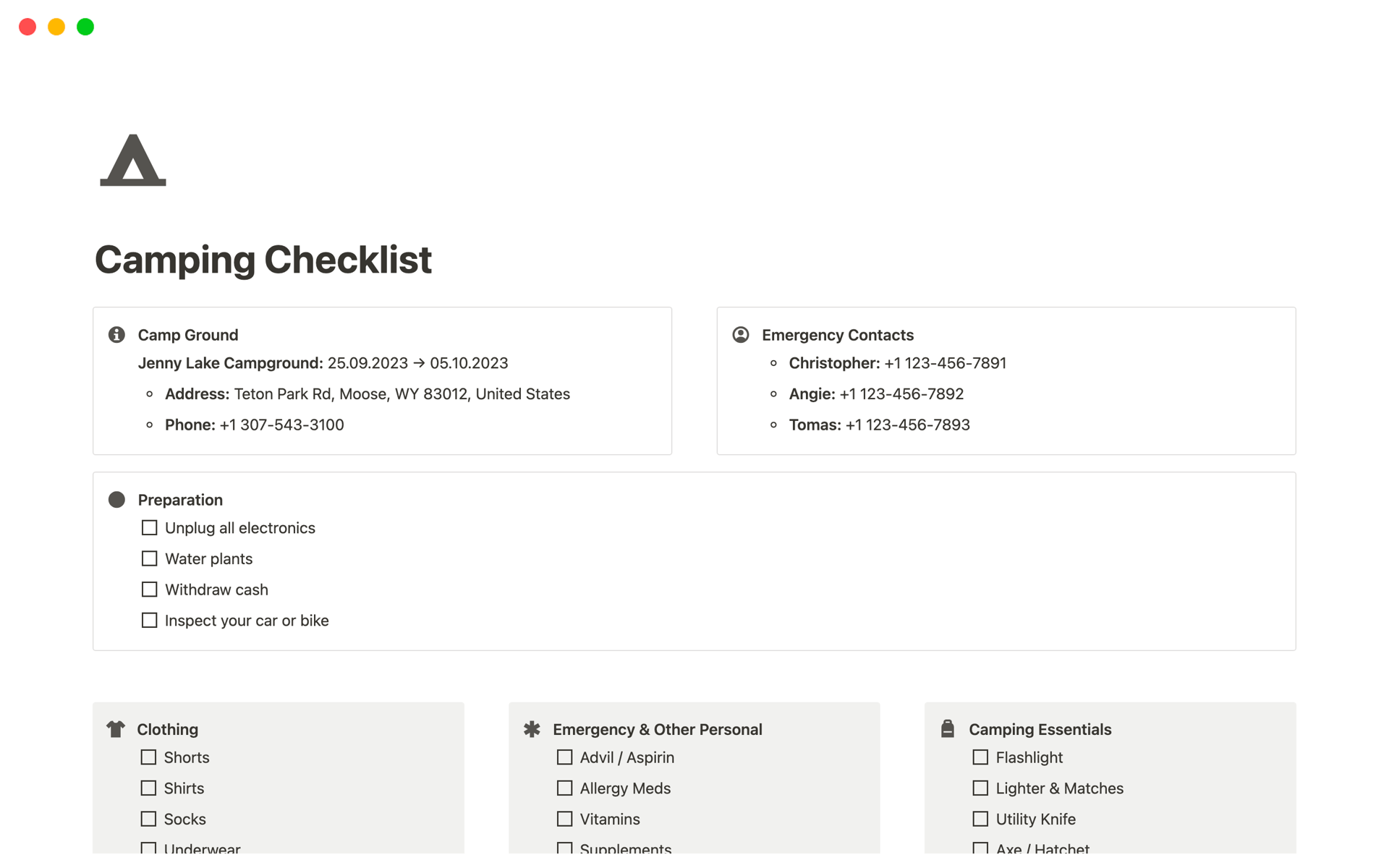 Camping Checklistのテンプレートのプレビュー