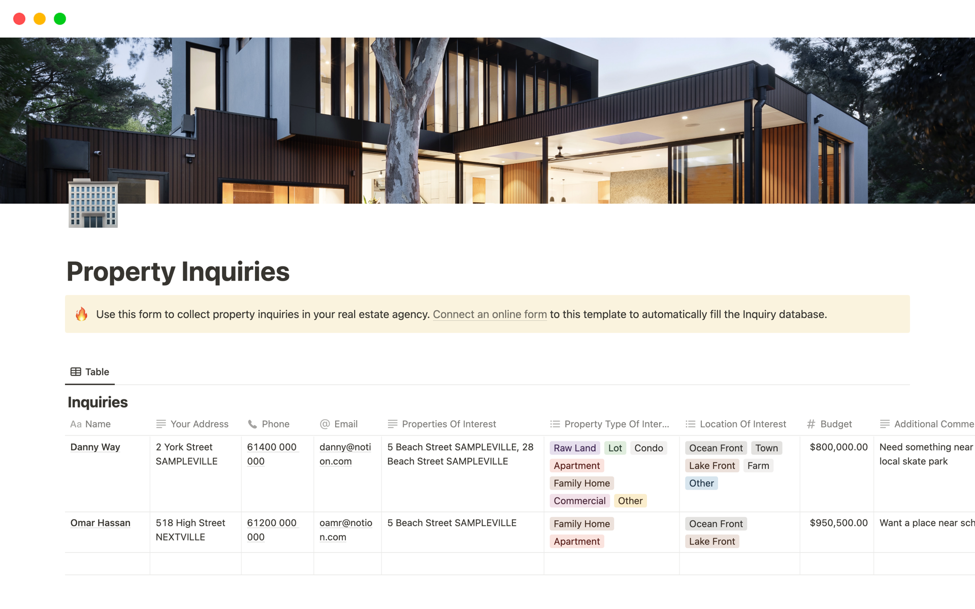Use this Notion Property Inquiries template, connected to an online form, to have real estate property inquiries auto-updated in Notion.