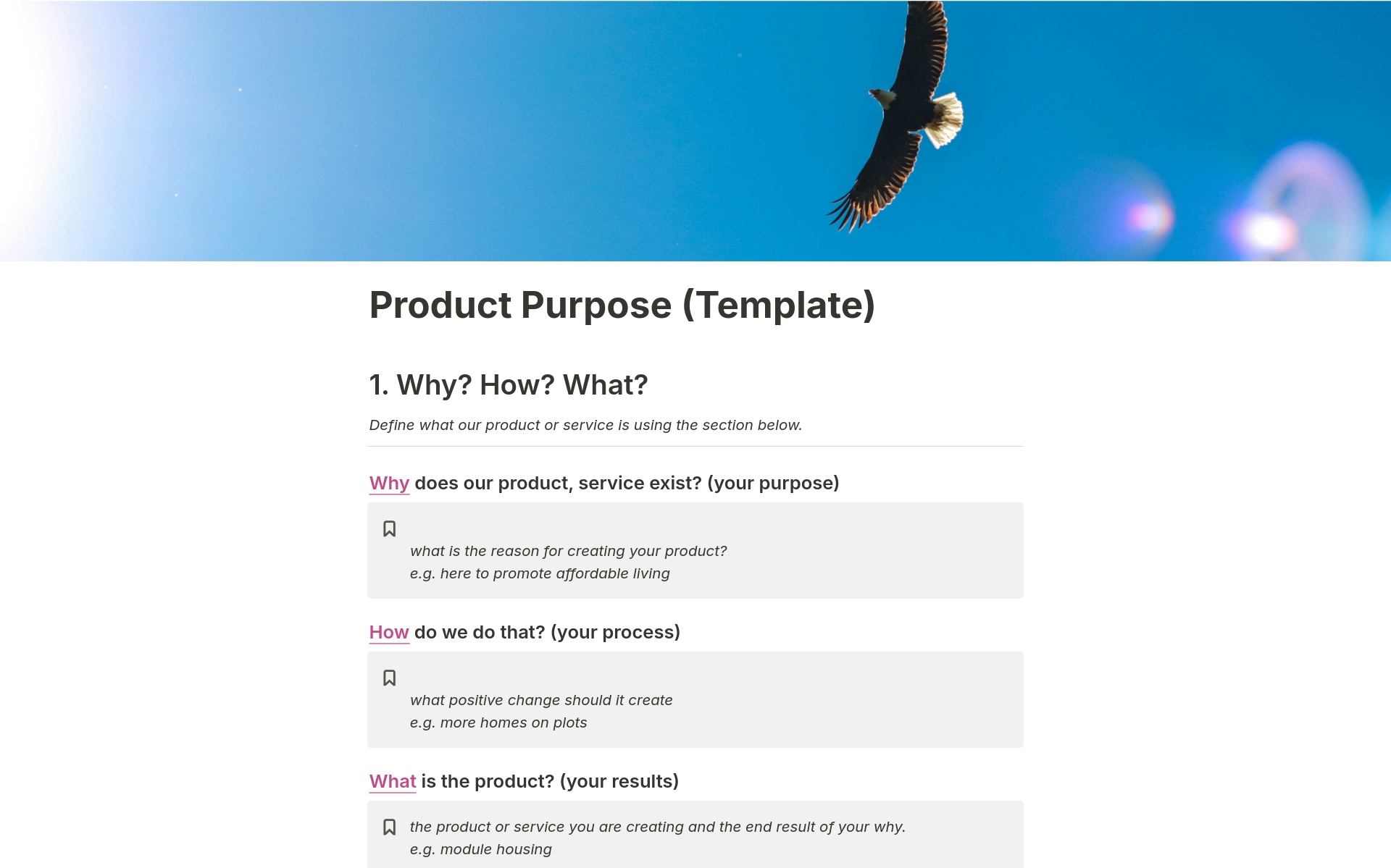 A template preview for Product Purpose