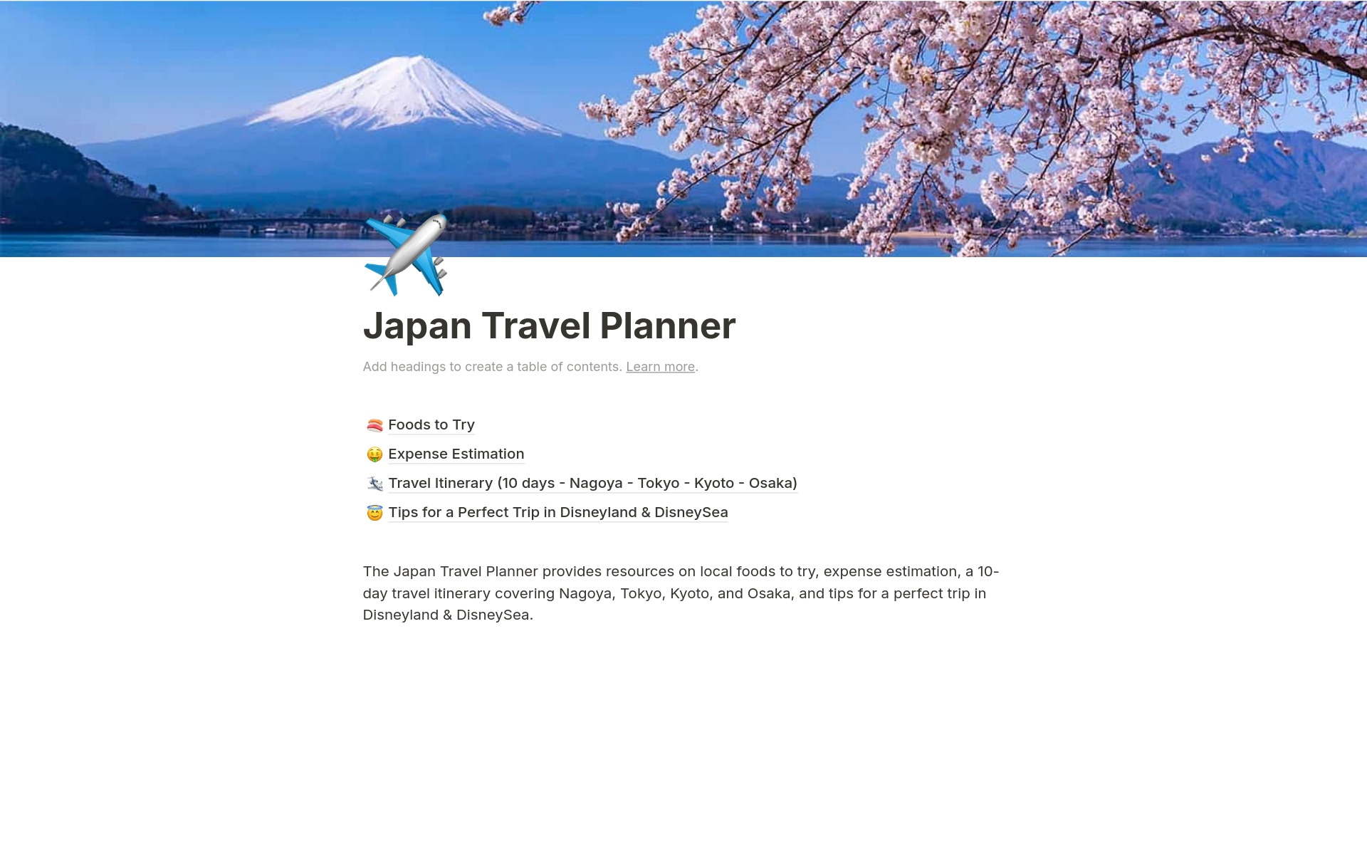 En förhandsgranskning av mallen för Japan Travel Planner