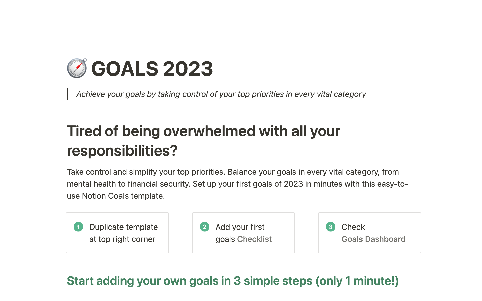 Aperçu du modèle de Goals 2023 template