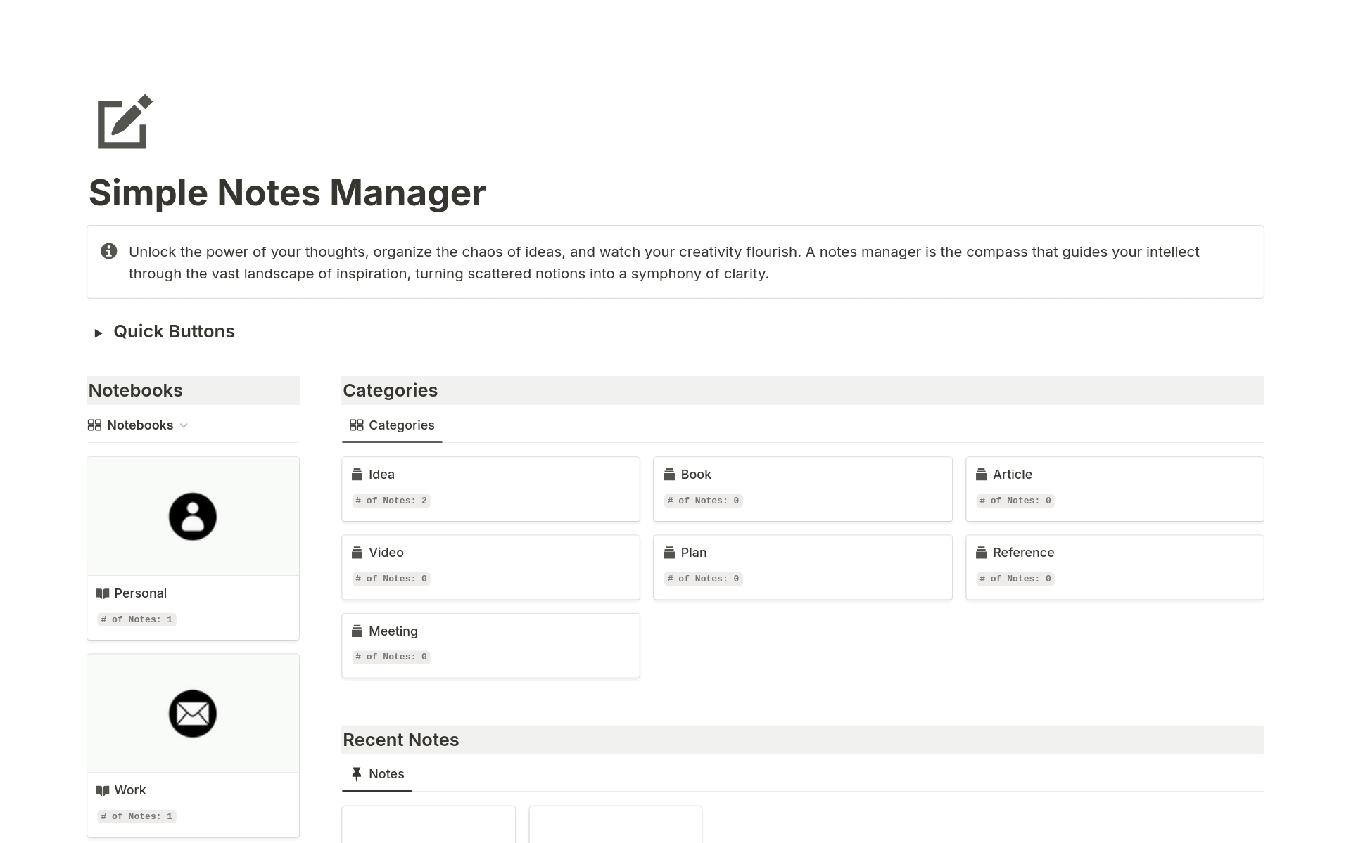 A template preview for Simple Notes Manager