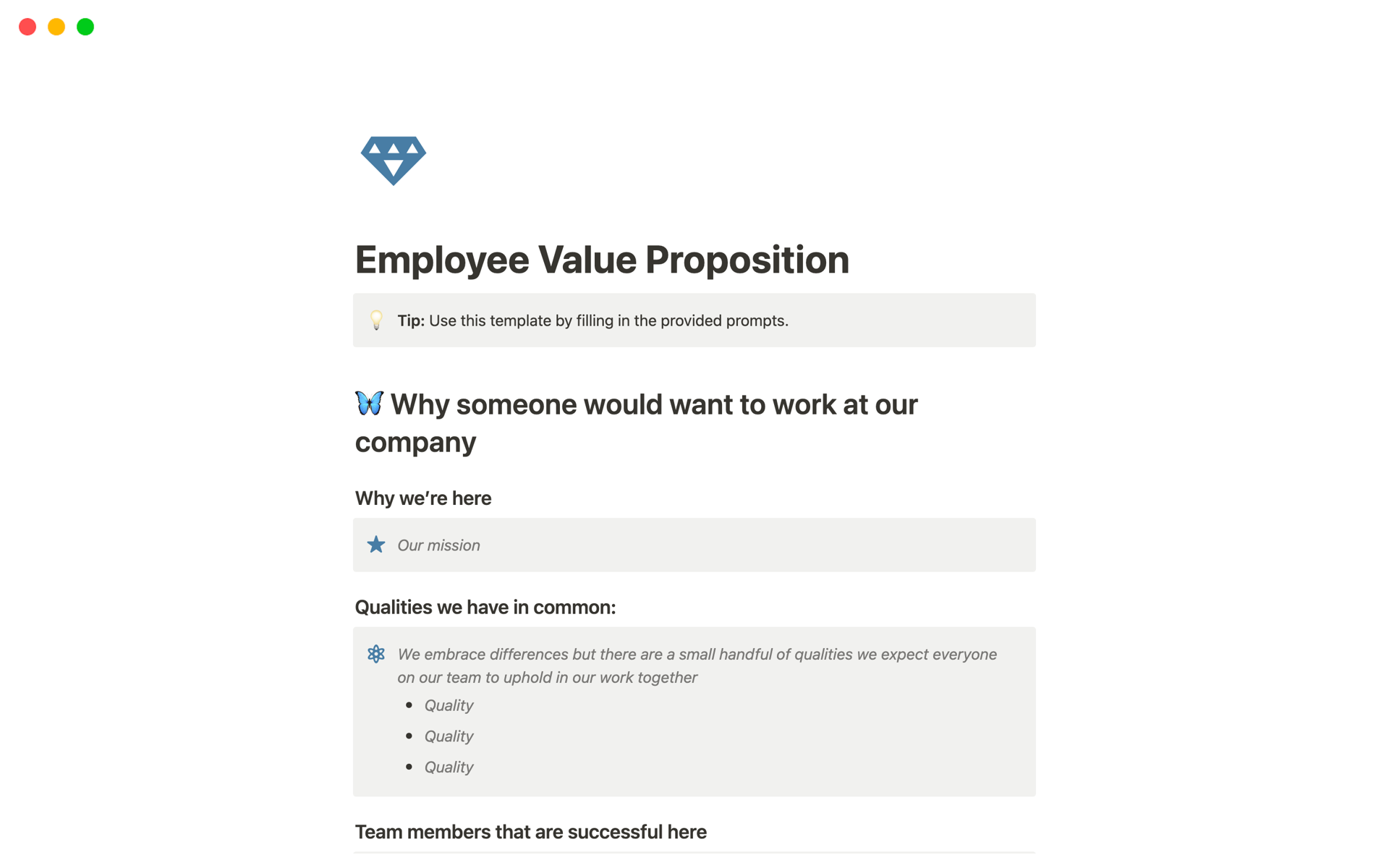A template preview for Employee Value Proposition