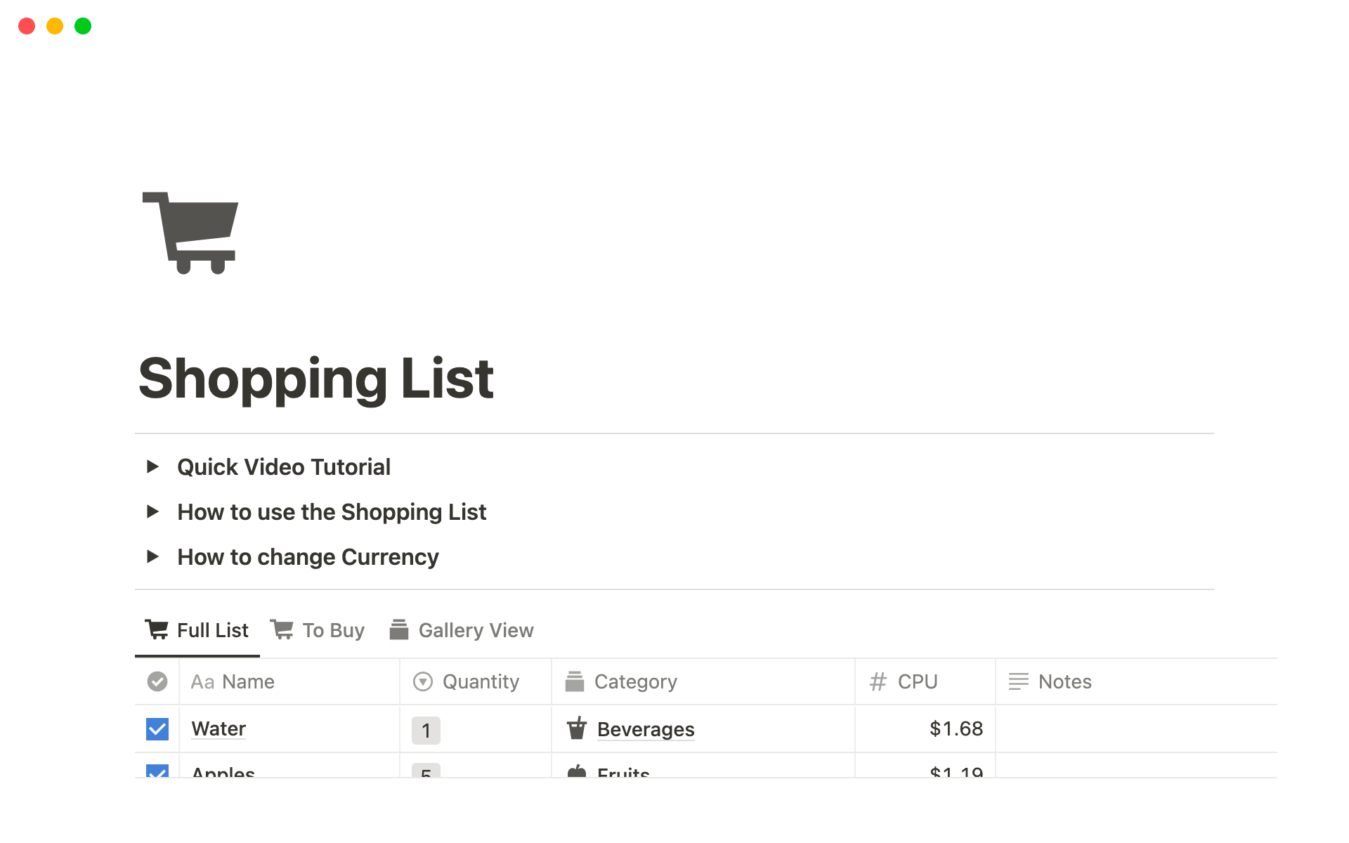 A template preview for Shopping List