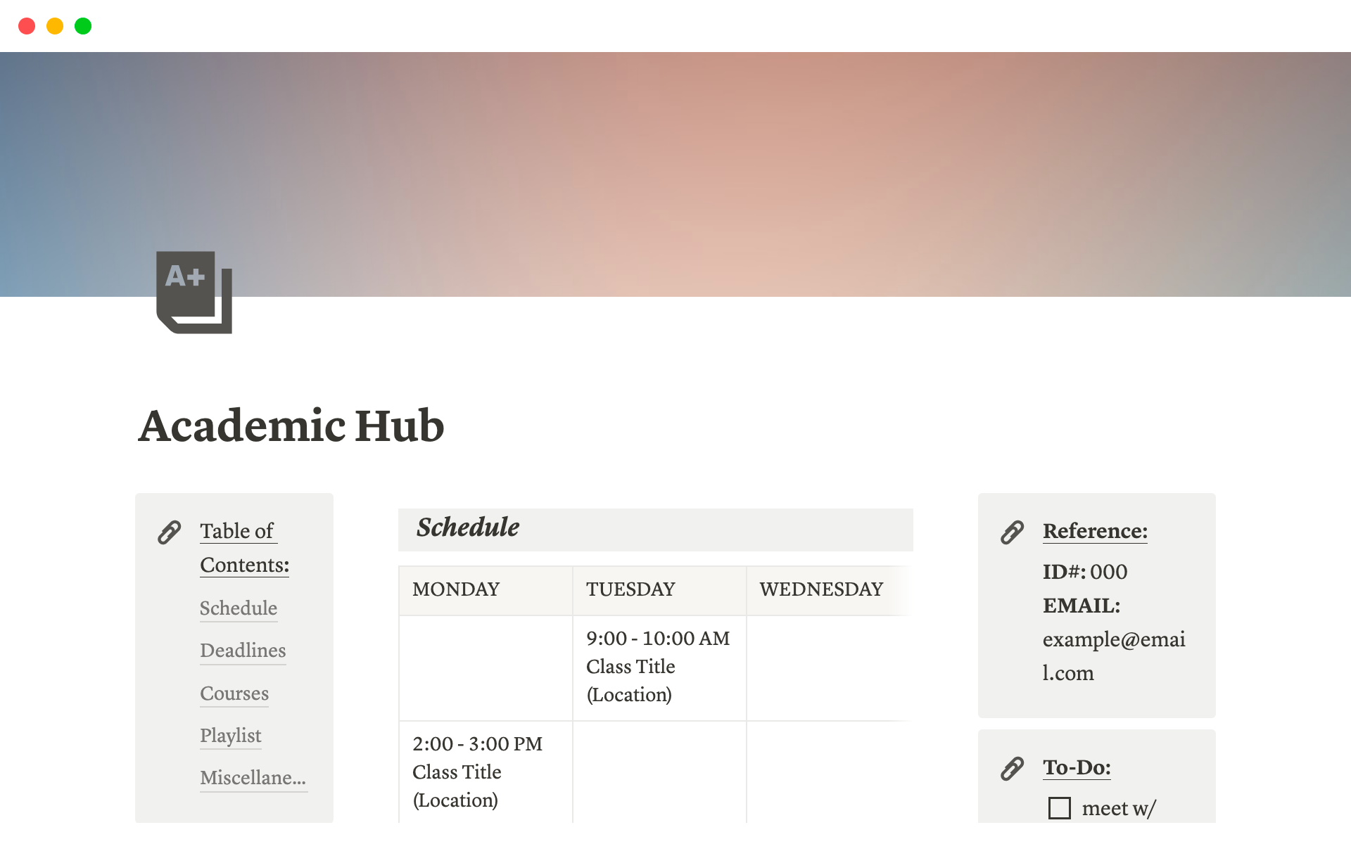 This template is the perfect place to keep track of assignments, notes, course syllabus information, and more!