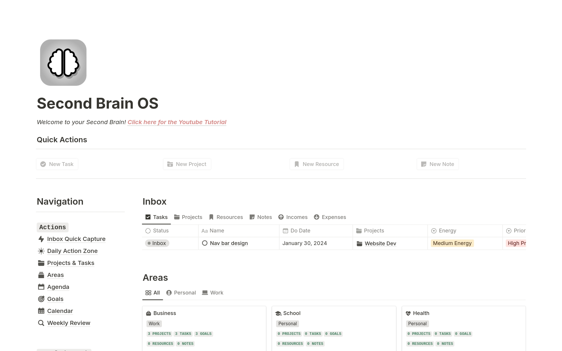 A template preview for Second Brain OS