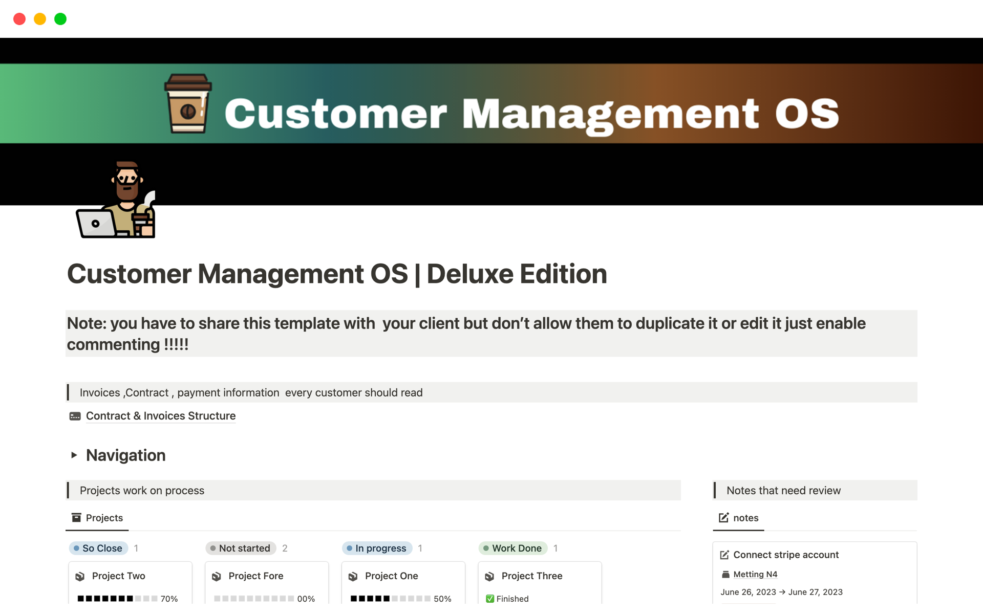 A template preview for Customer Management OS | Deluxe Edition
