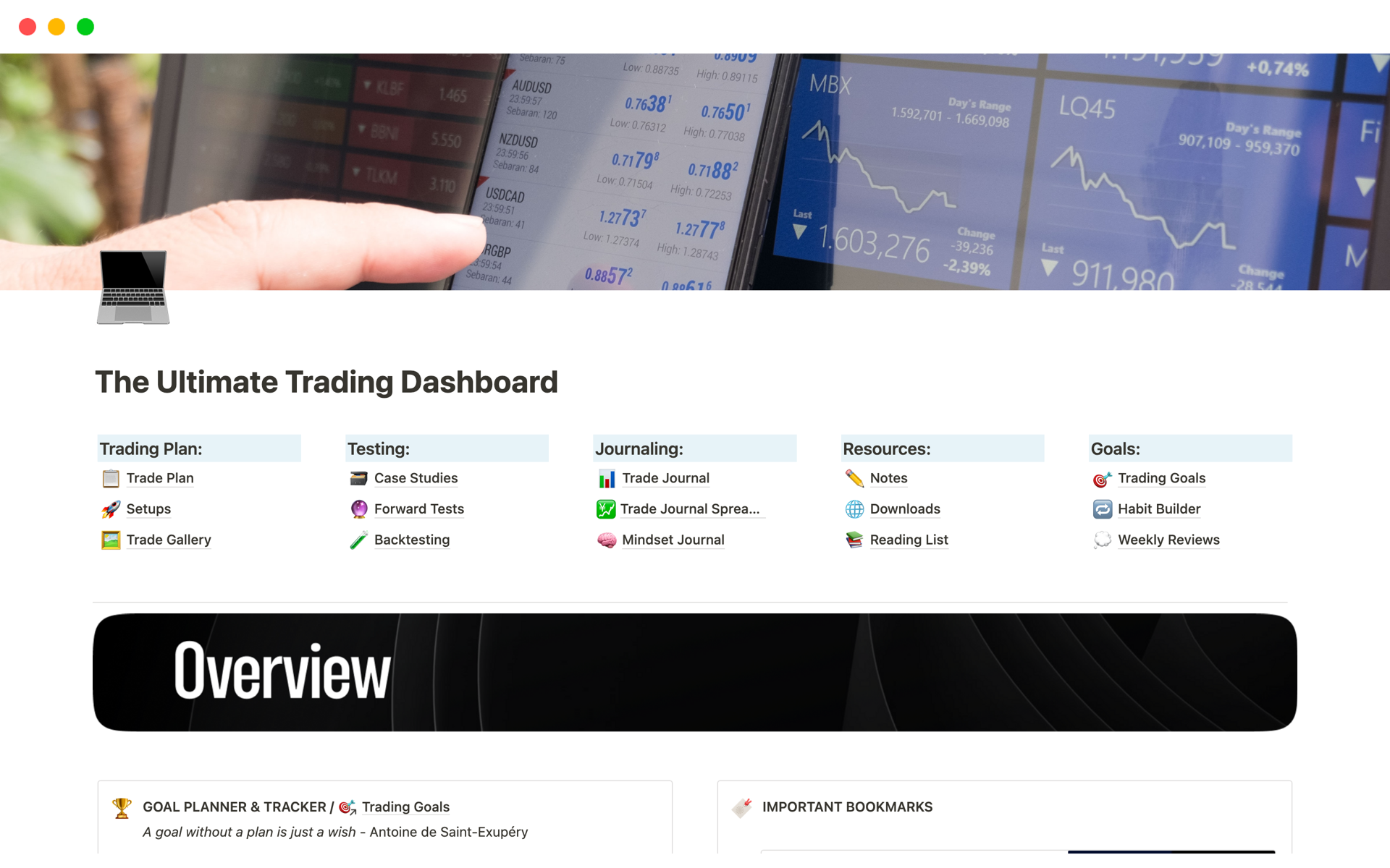 A template preview for The Ultimate Trading Dashboard (Trade Journal)