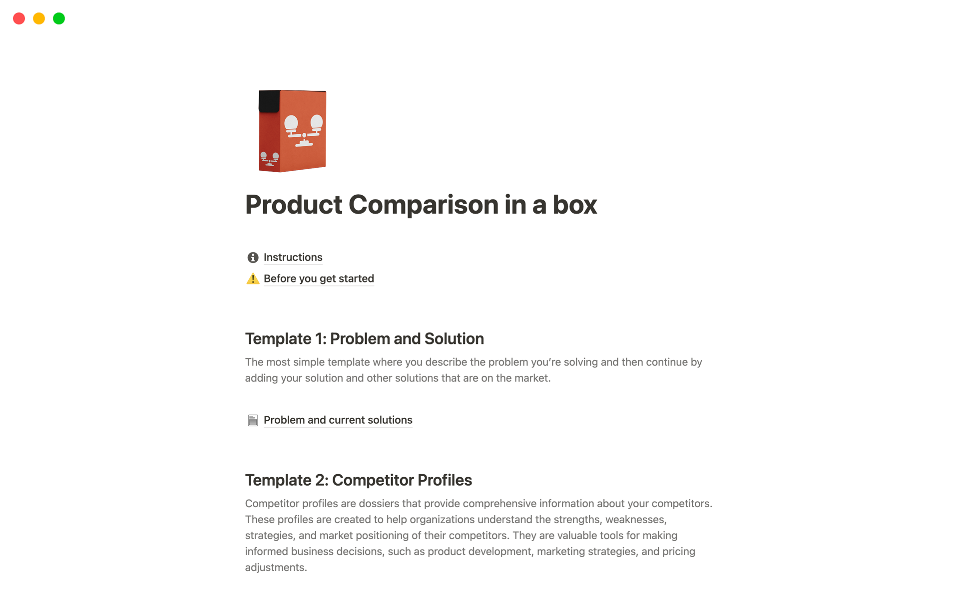 A collection of 5 frameworks designed to facilitate the comparison of your product with competitors.