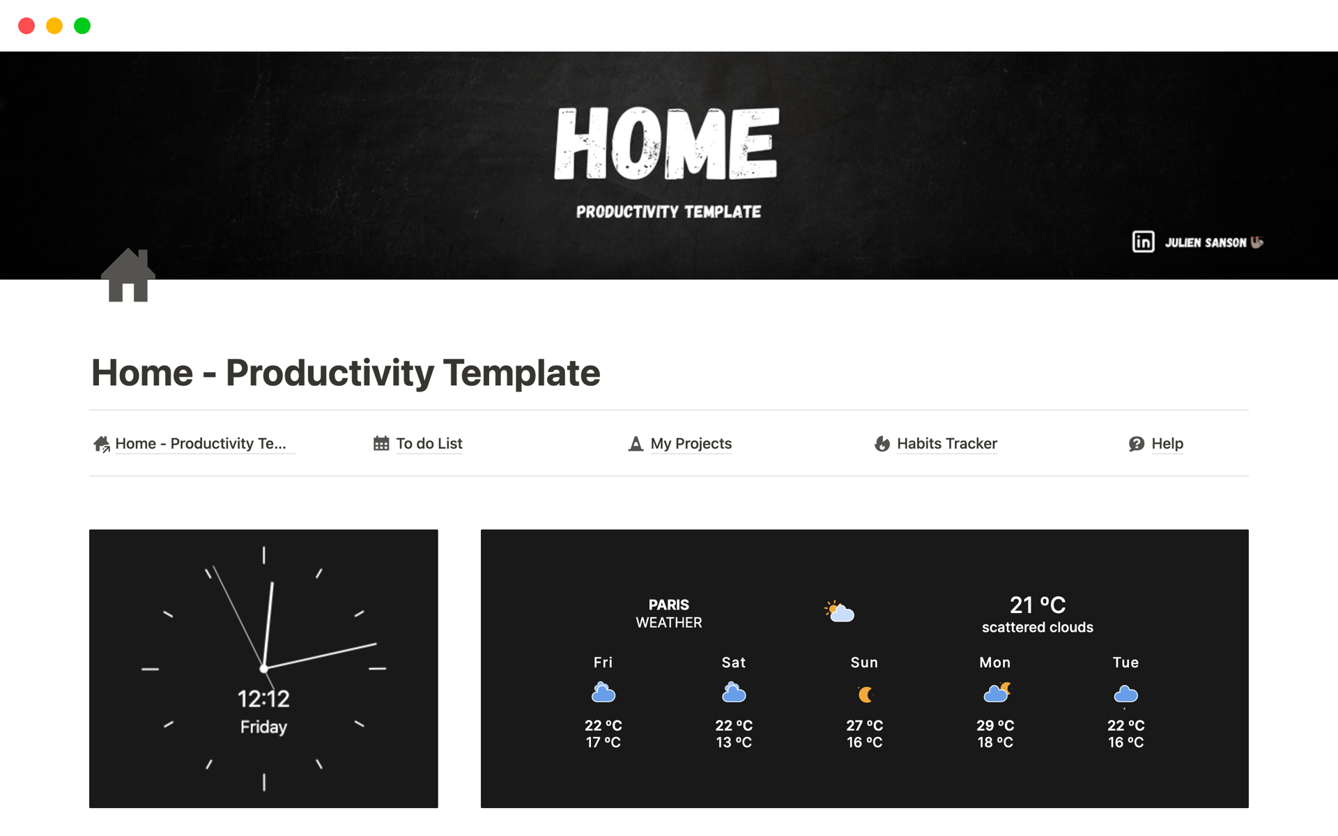 This template helps improve people's productivity by tracking daily tasks, projects & good resolutions thanks to a habit tracker ! 