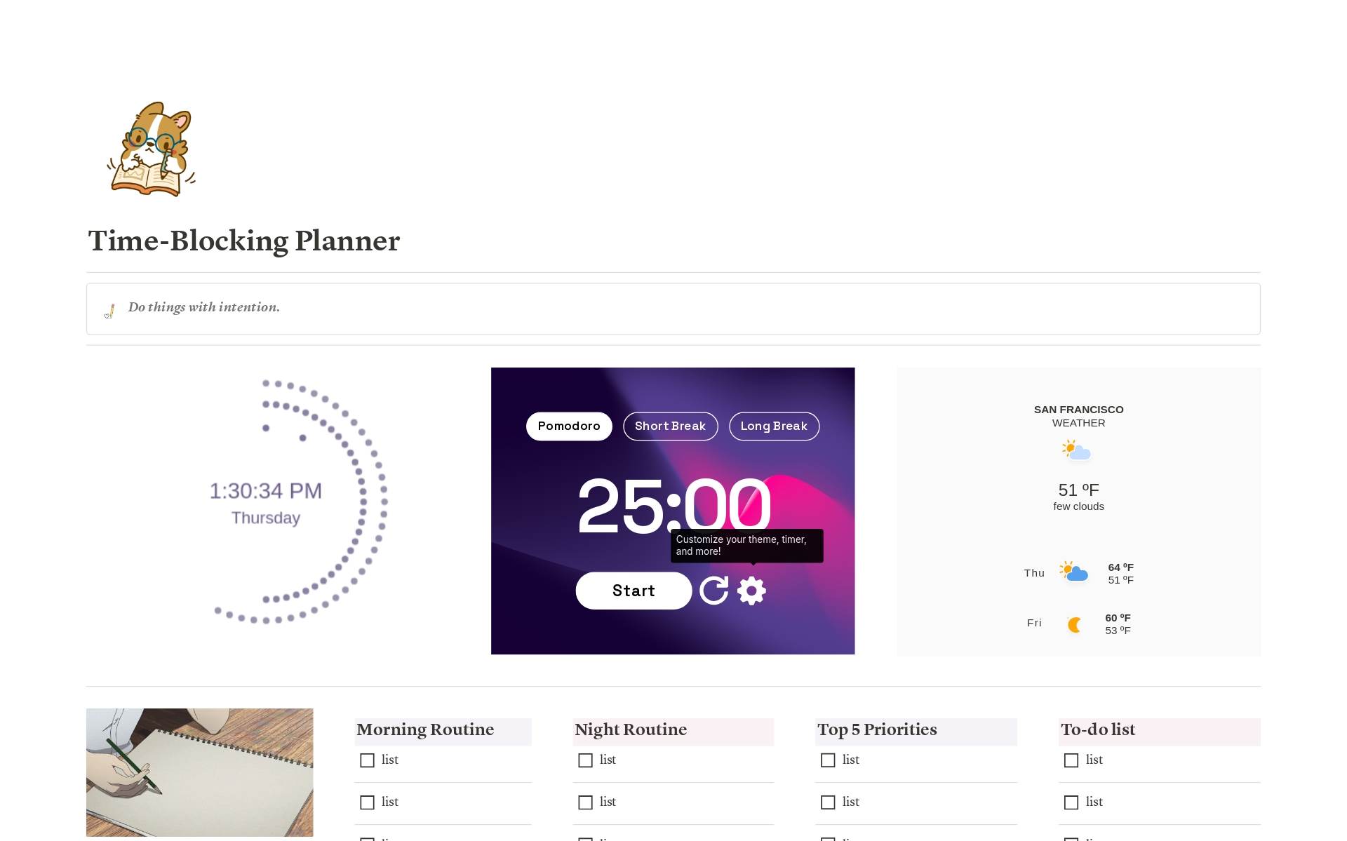 Introducing our Time-Blocking Planner Notion Template, your ultimate tool for maximizing productivity and mastering time management like never before. Crafted with precision and designed for efficiency, this template revolutionizes your work week and daily schedule.