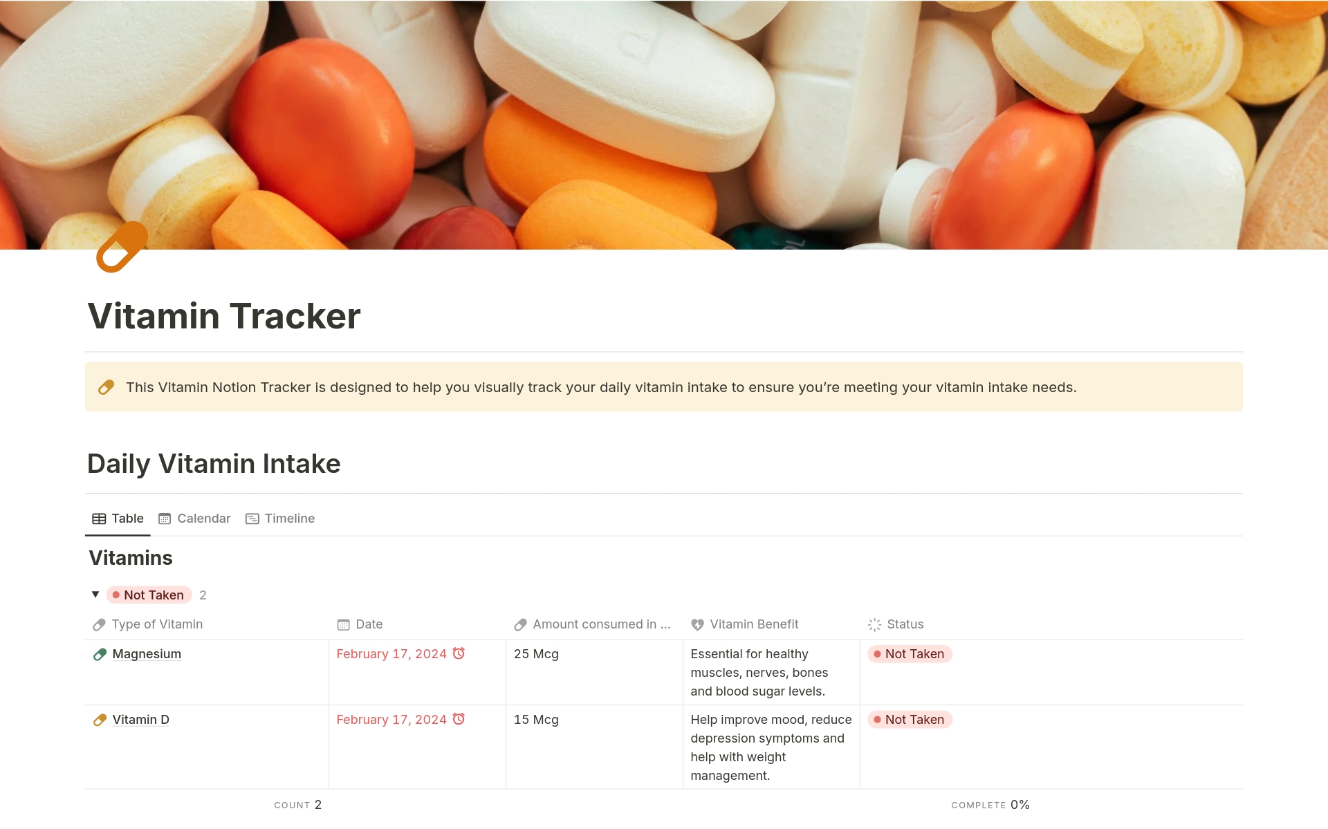 This colorful Vitamin Notion Tracker Template is designed to help you visually track your daily vitamin intake to ensure you’re meeting your vitamin intake needs.