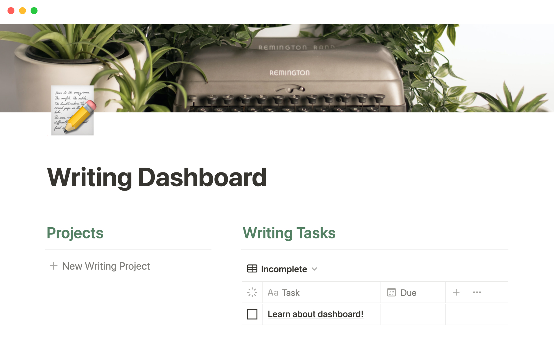 Vista previa de una plantilla para Writing project dashboard