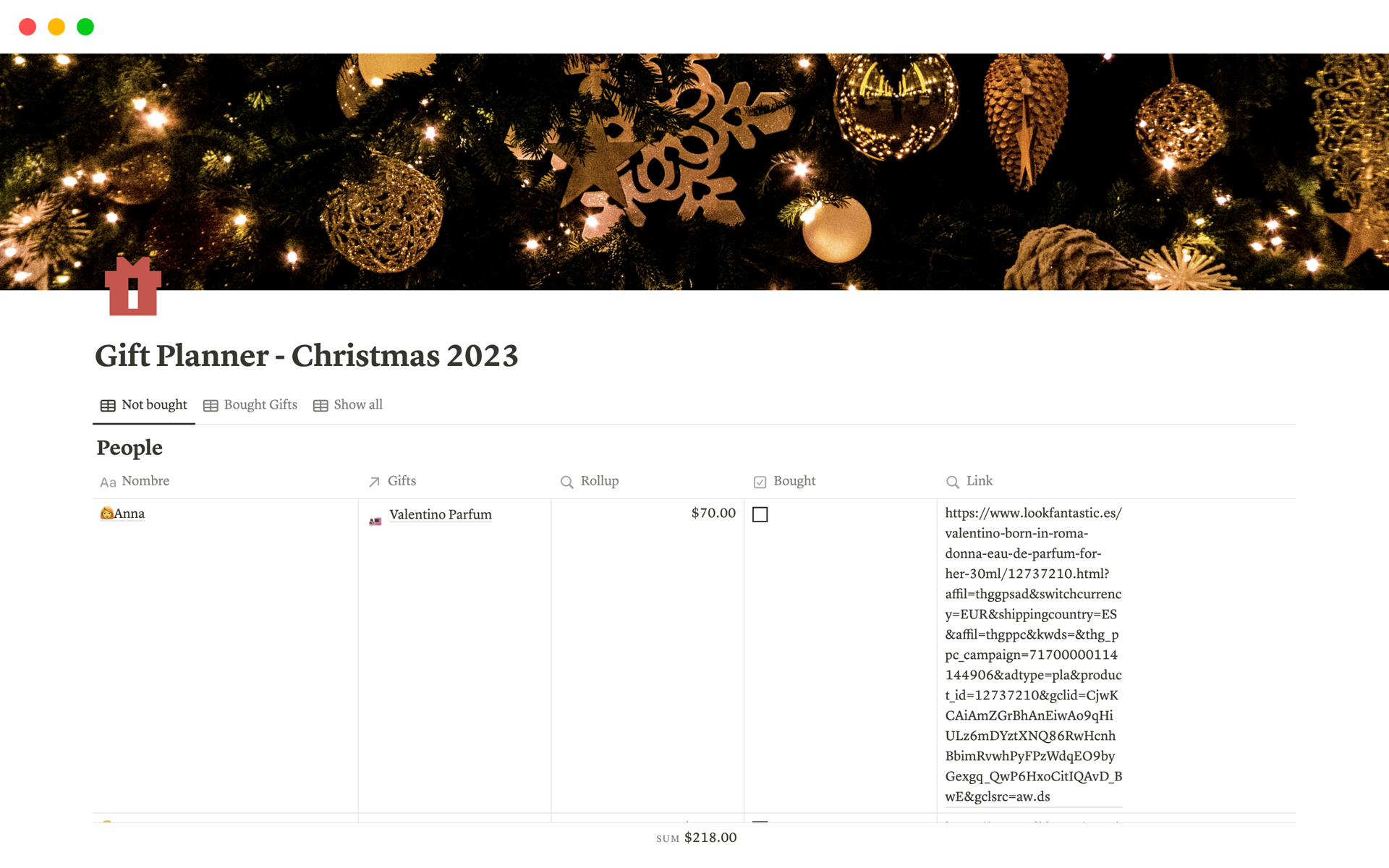 A template preview for Gift Planner Christmas