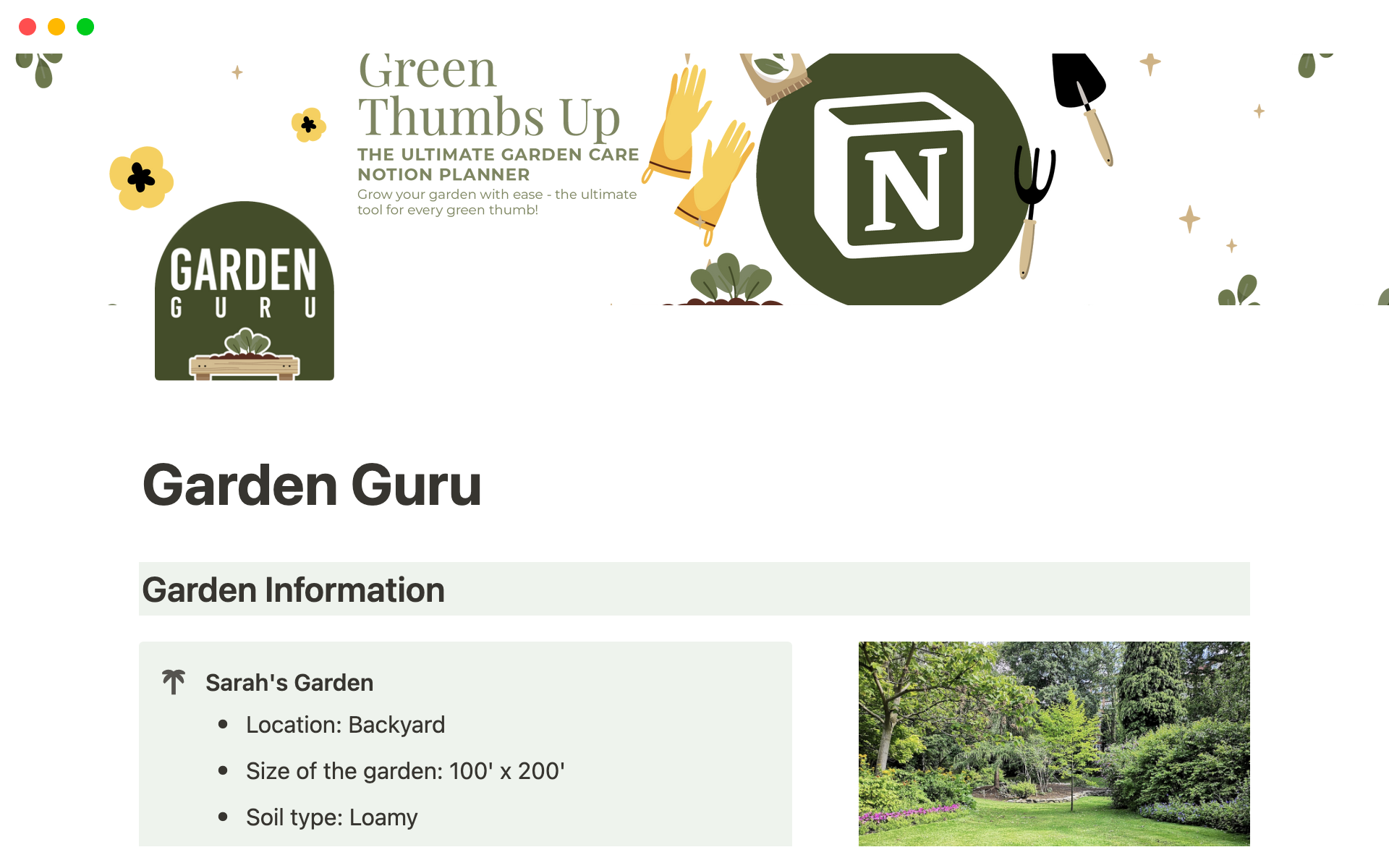A template preview for Garden Guru Notion Template: Simplify Your Plant Care Routine