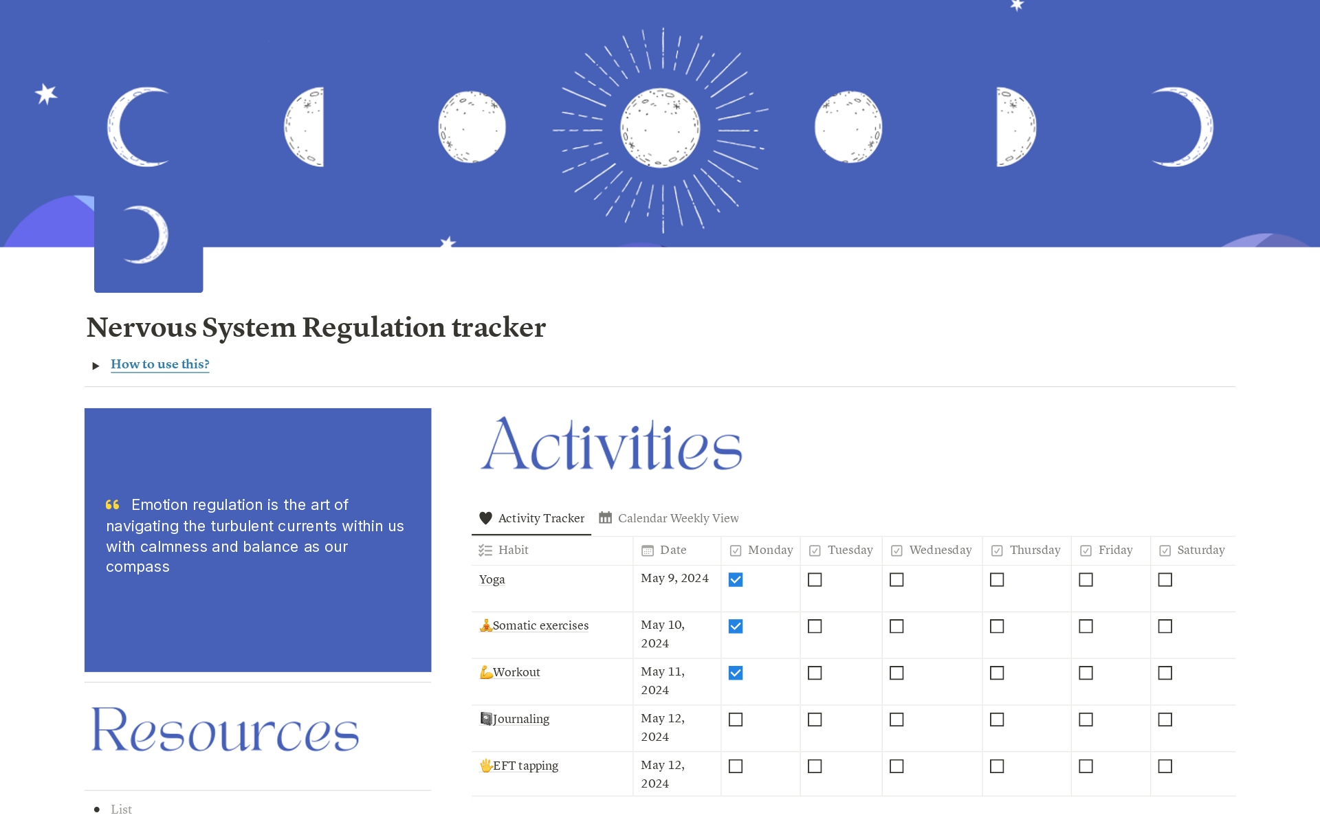 A template preview for Nervous System Regulation Tracker