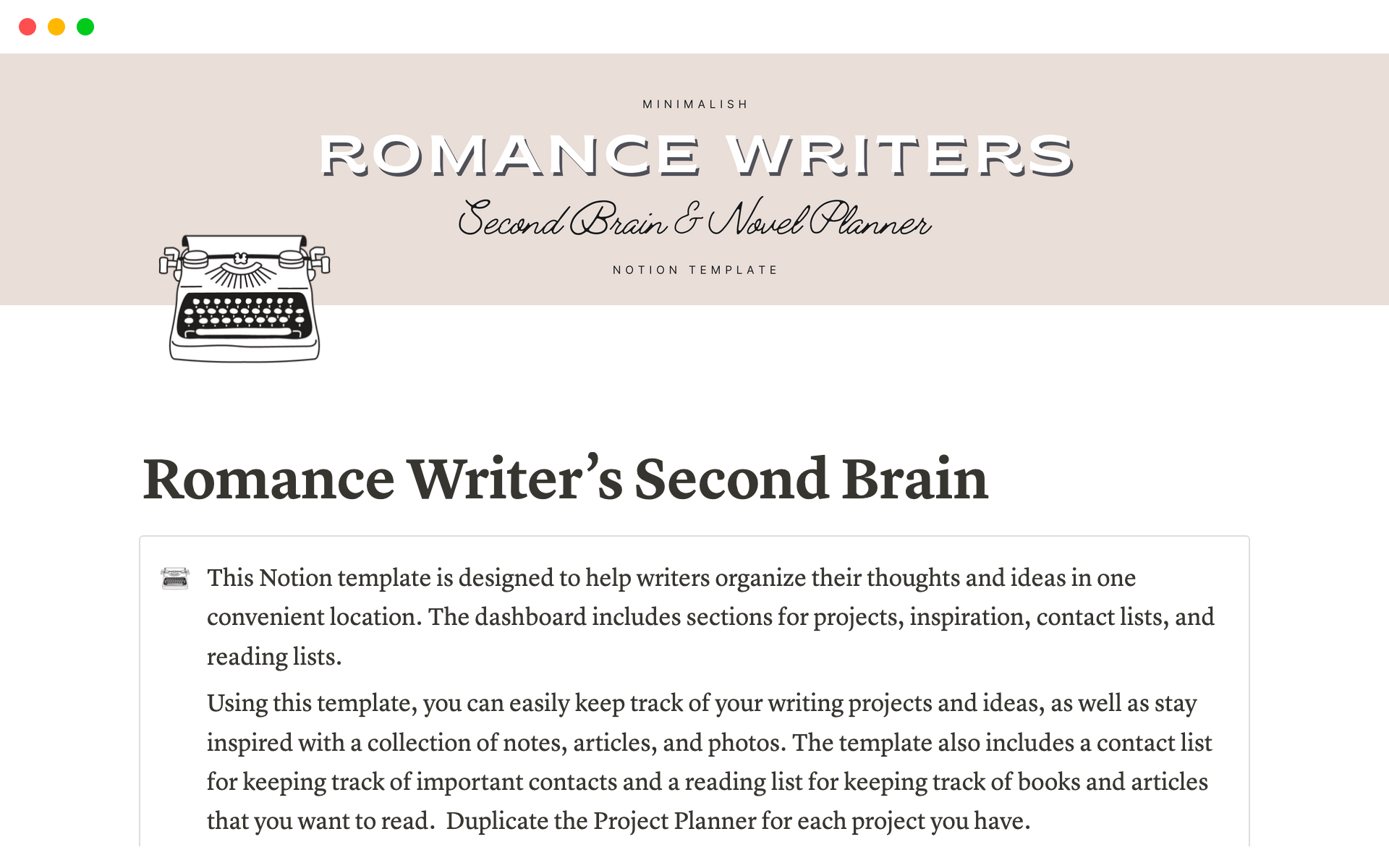 Eine Vorlagenvorschau für Romance Writer's Second Brain Notion Template & Novel Planner