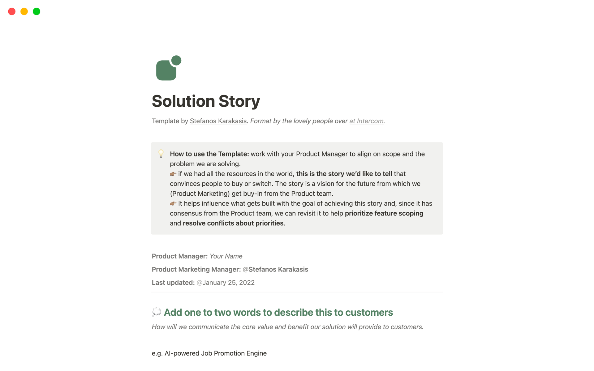 Solution Story - One Page Product Messaging Briefのテンプレートのプレビュー