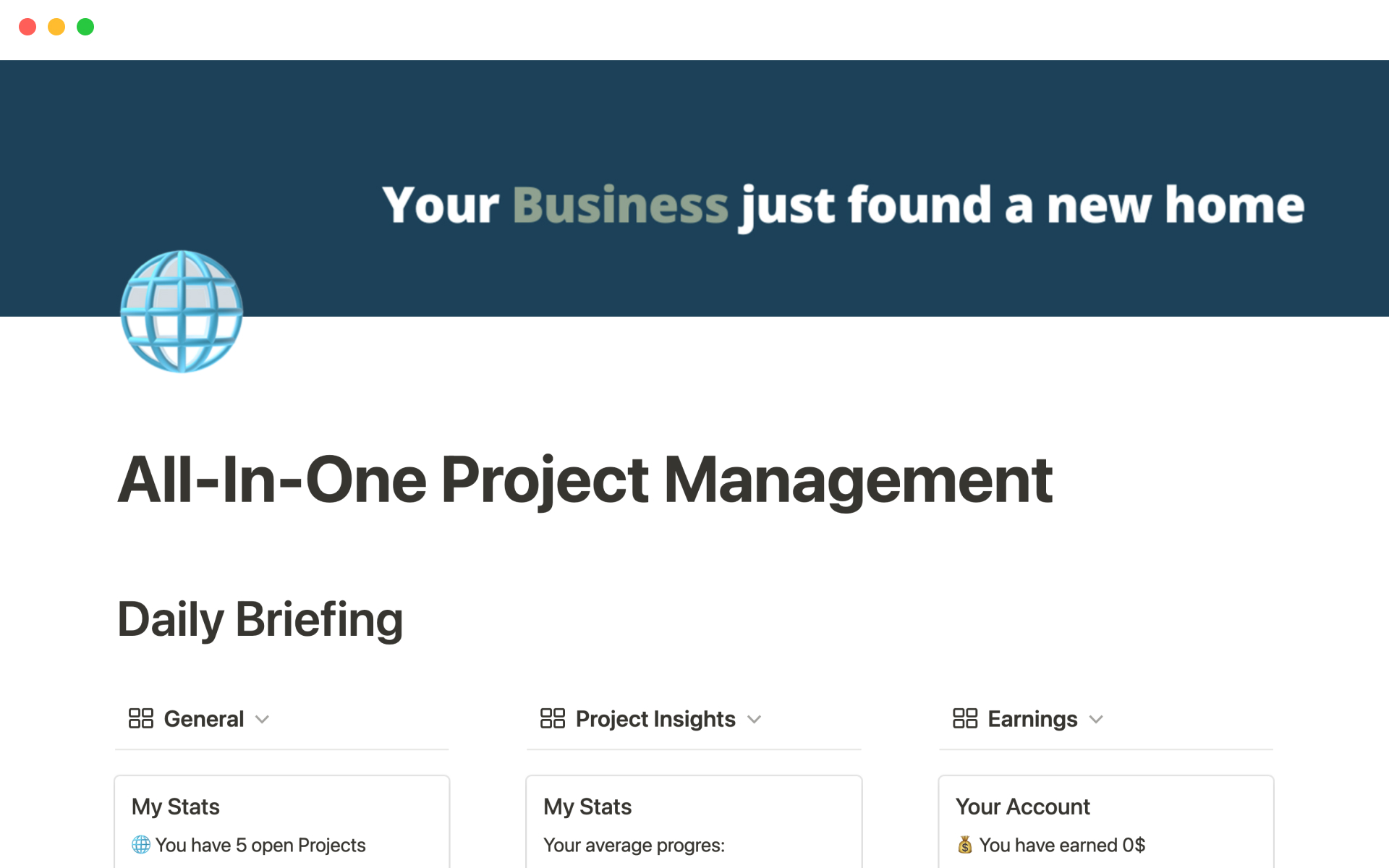 A template preview for All-in-one project management