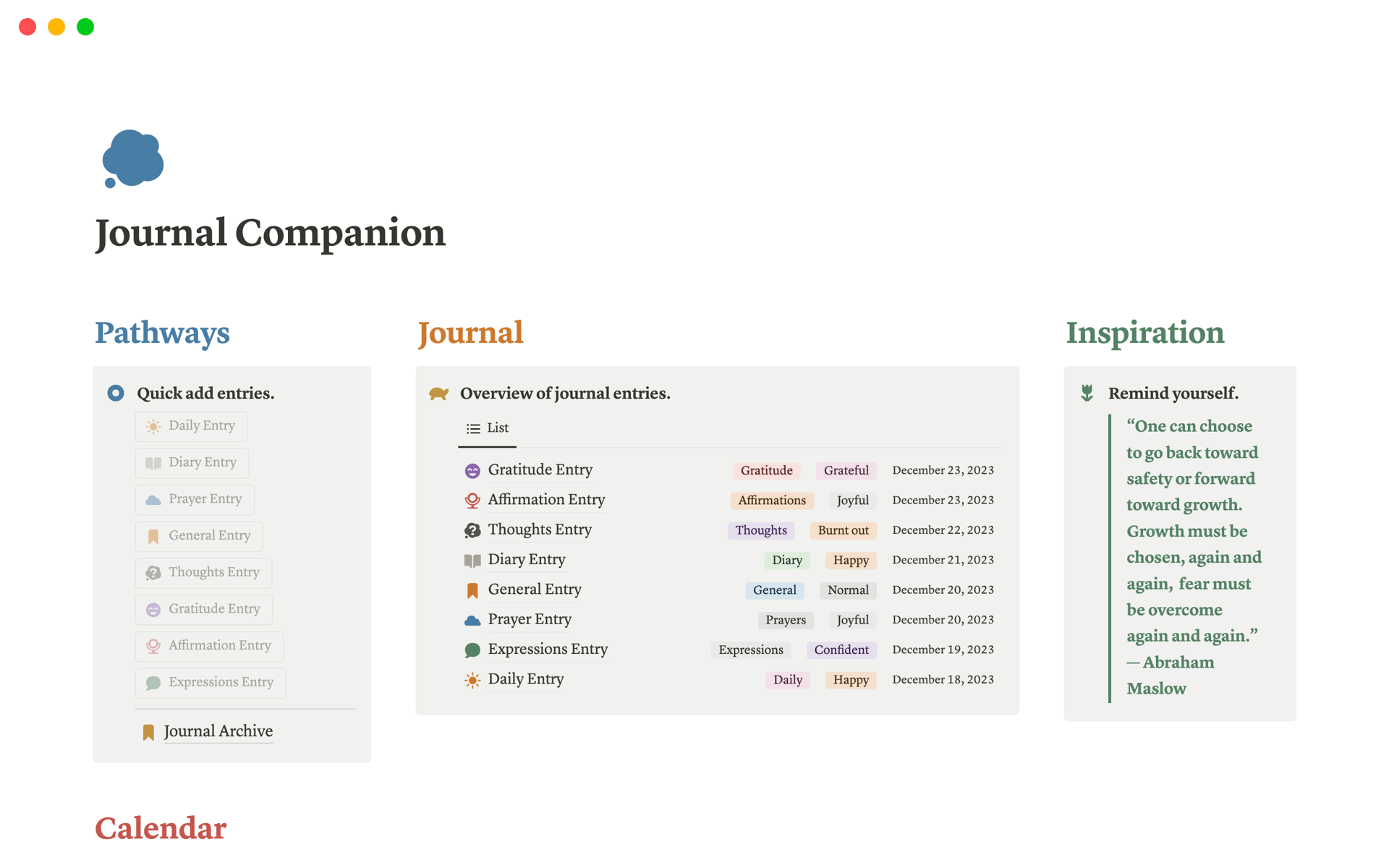 A template preview for Journal Companion