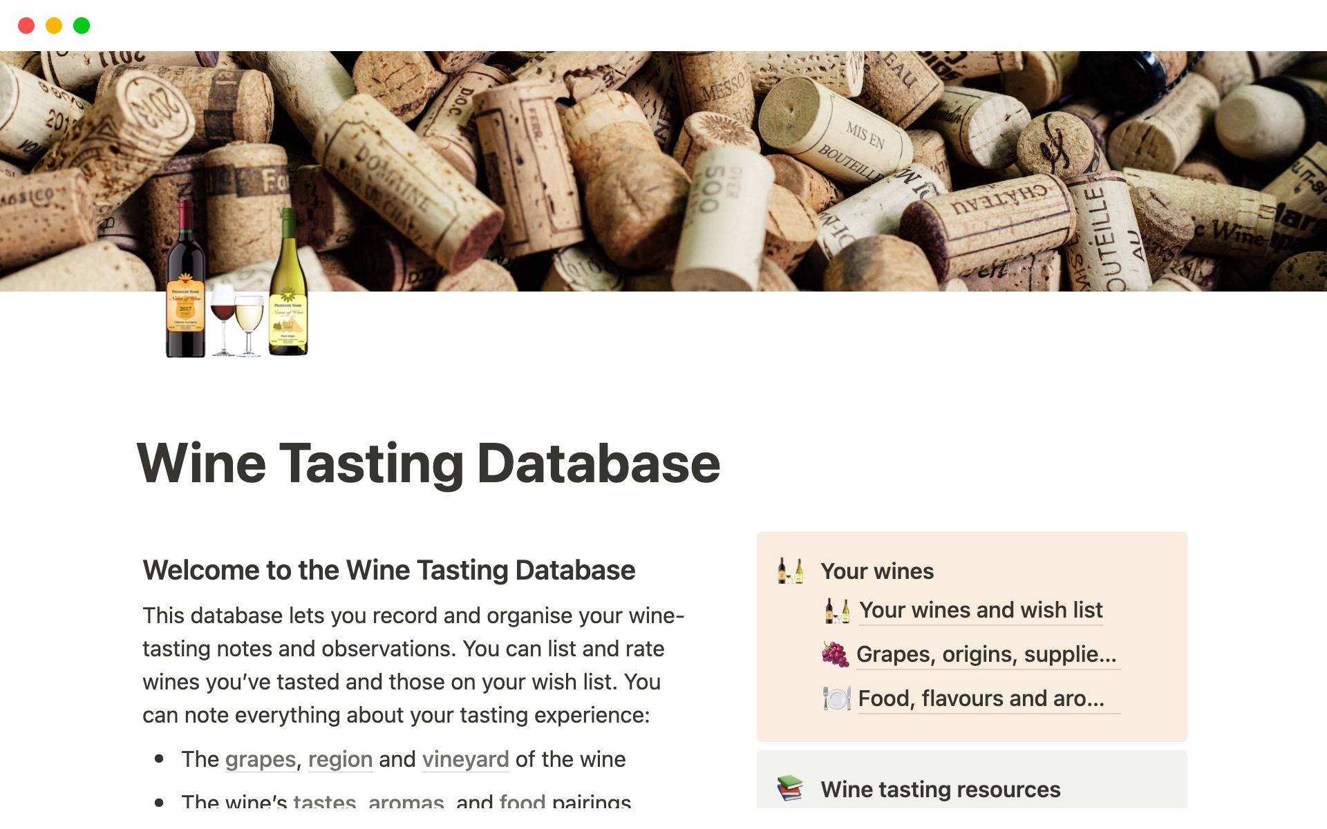 Wine Tasting Databaseのテンプレートのプレビュー