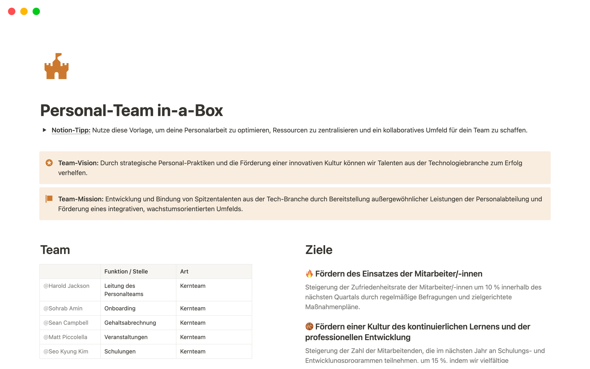Eine Vorlagenvorschau für Personal-Team in-a-Box