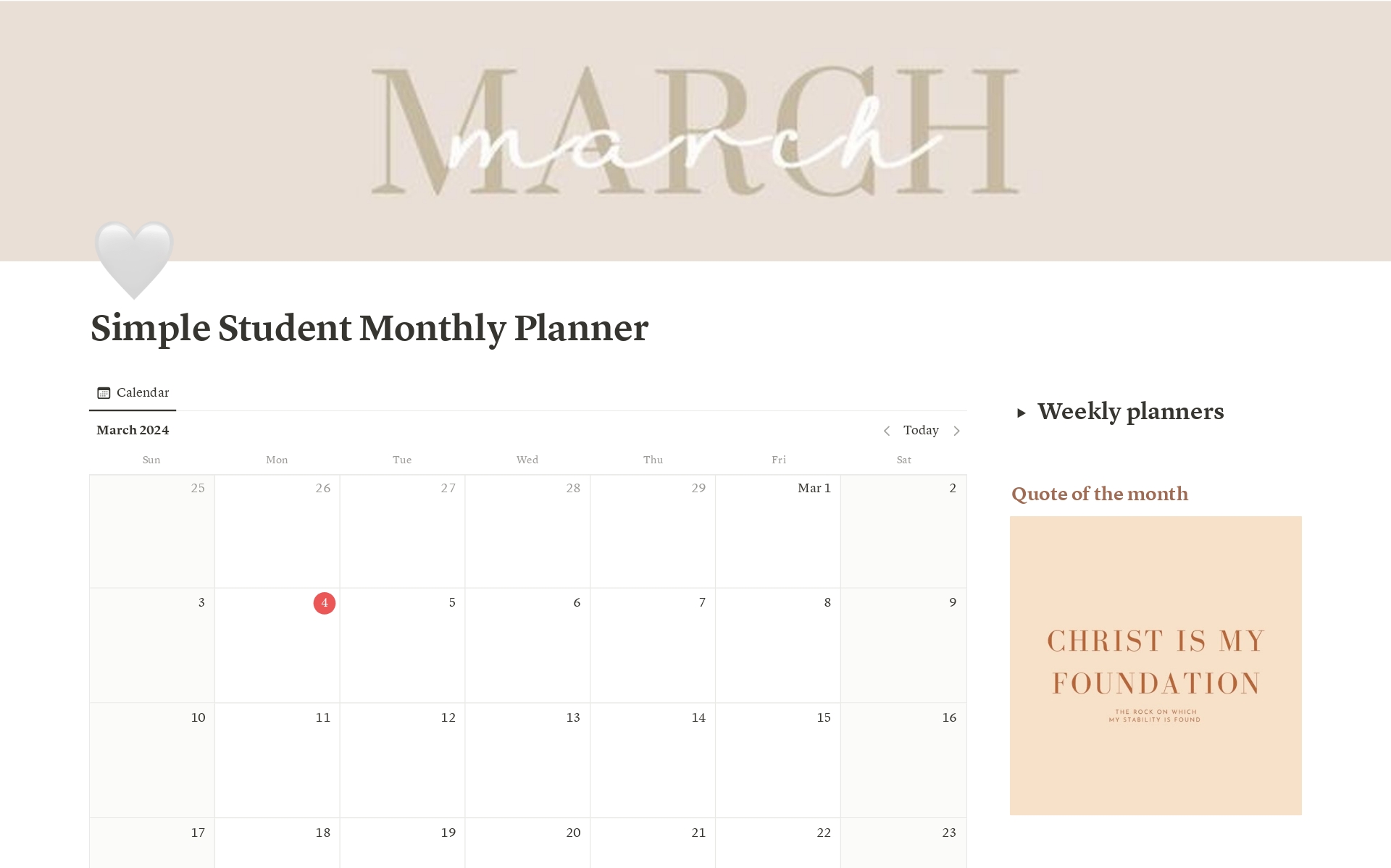 A template preview for Simple Student Monthly Planner 