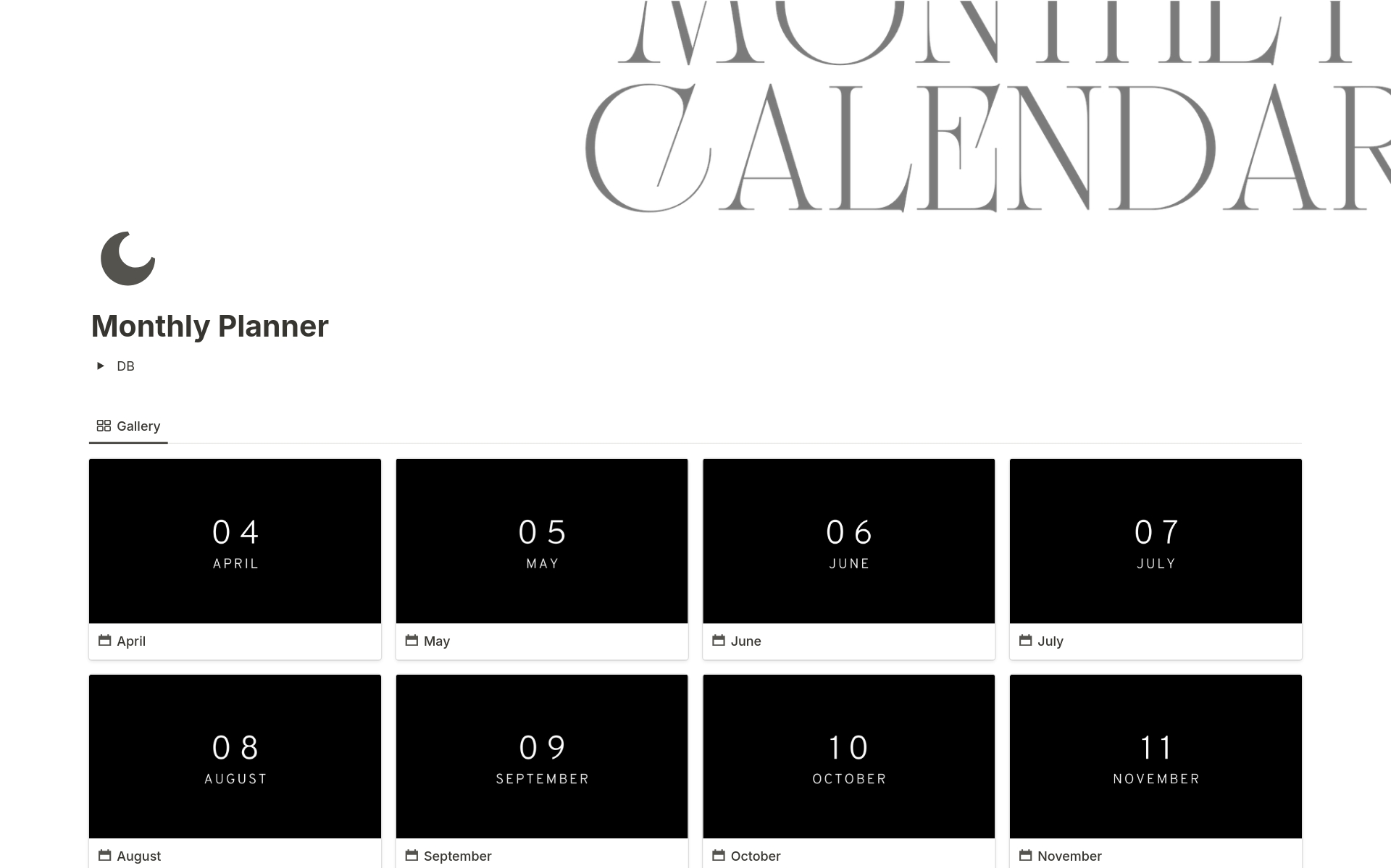 En forhåndsvisning av mal for Monthly Planner (Dark Mode)