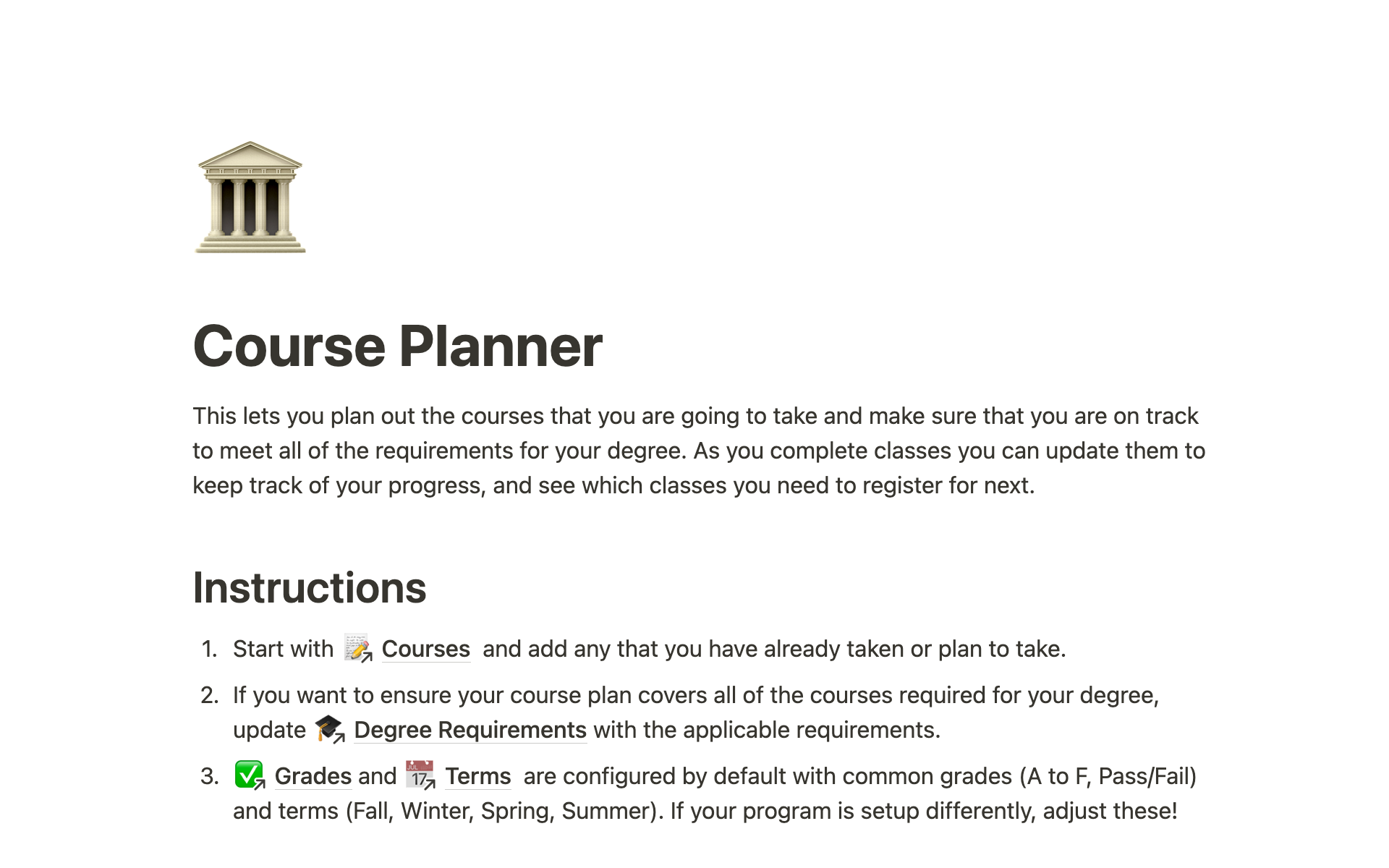 Eine Vorlagenvorschau für Course Planner