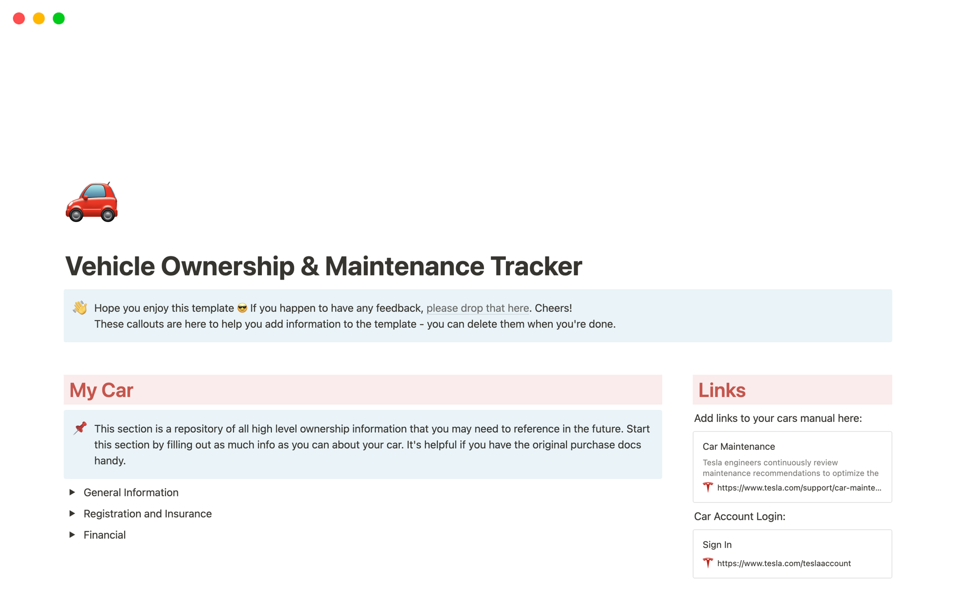 A template preview for Vehicle Ownership & Maintenance Tracker