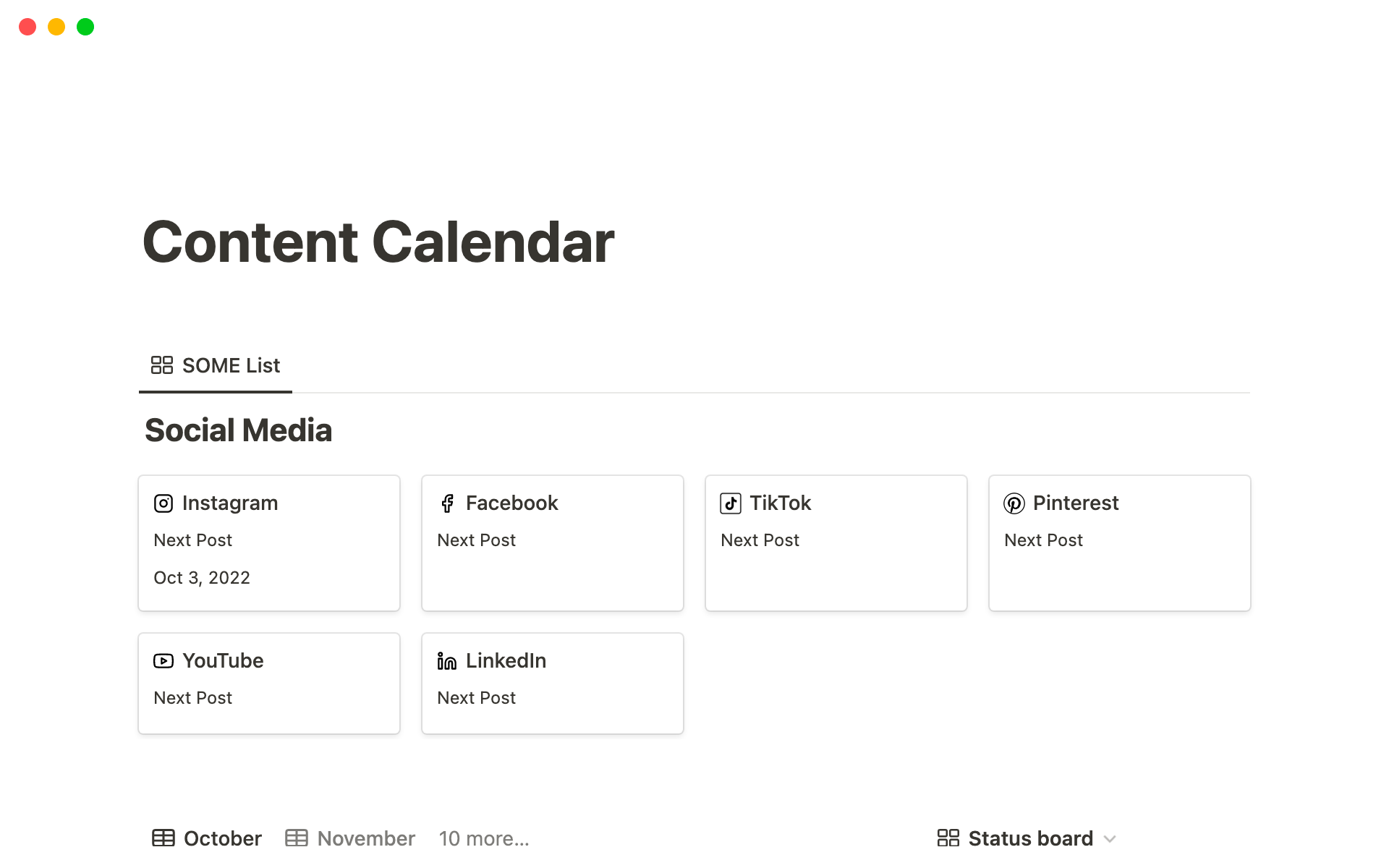 Notion Content Calendarのテンプレートのプレビュー