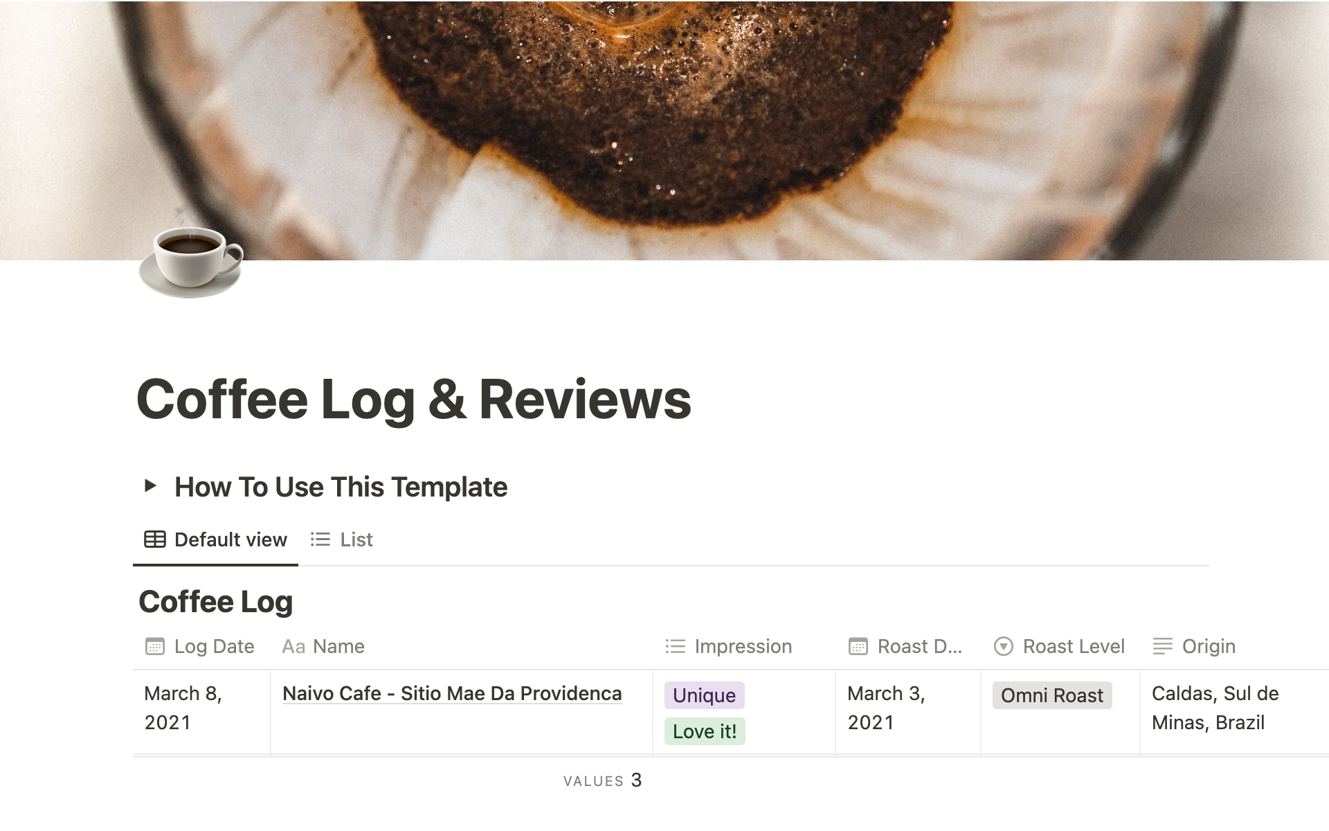 A template preview for Coffee Log & Reviews