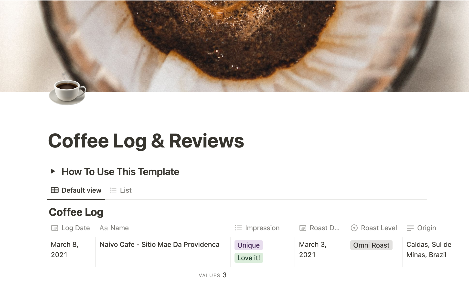 Coffee Log & Reviews by Rishikesh Mallela Notion Template