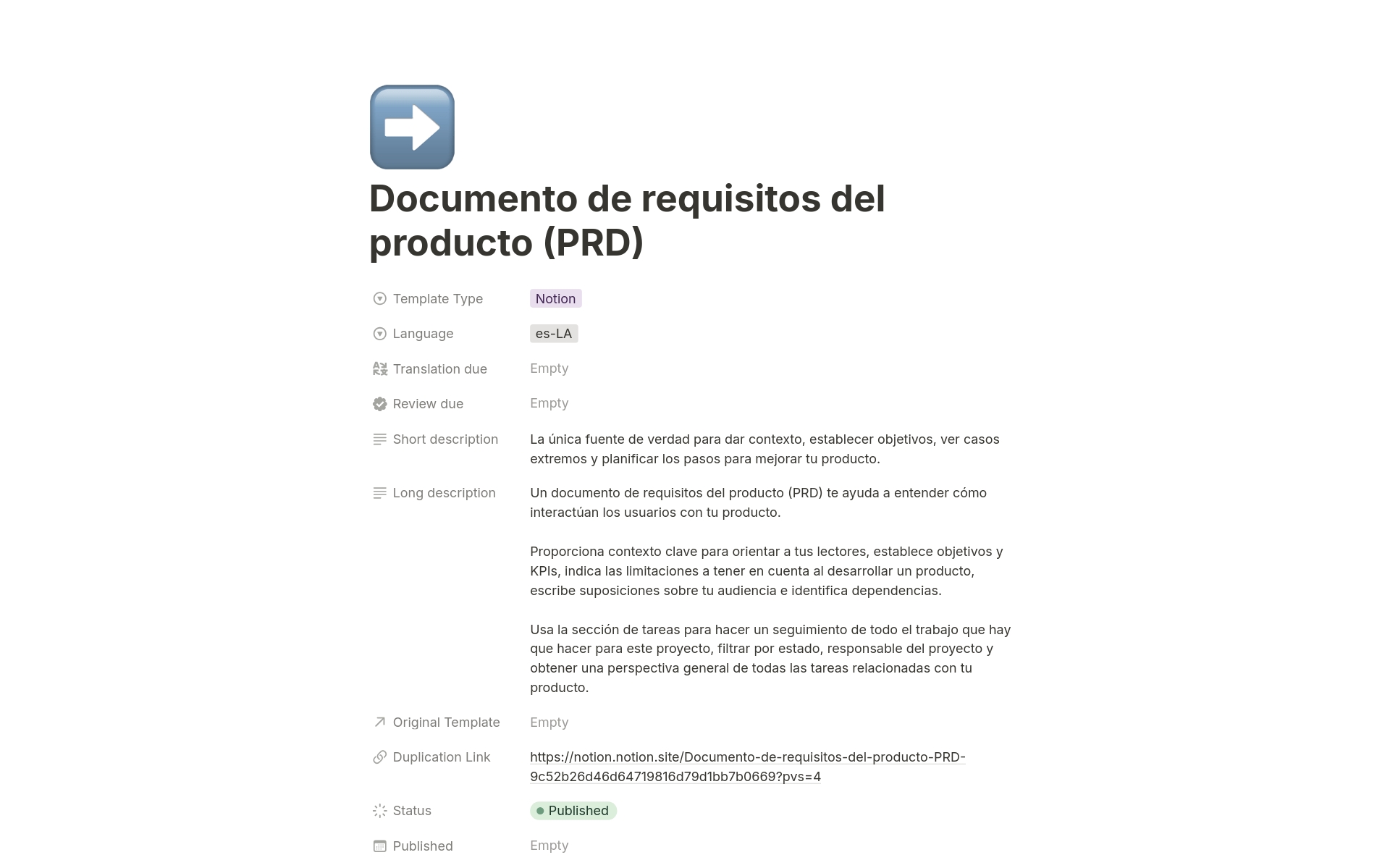 Vista previa de una plantilla para Documento de requisitos del producto (PRD)