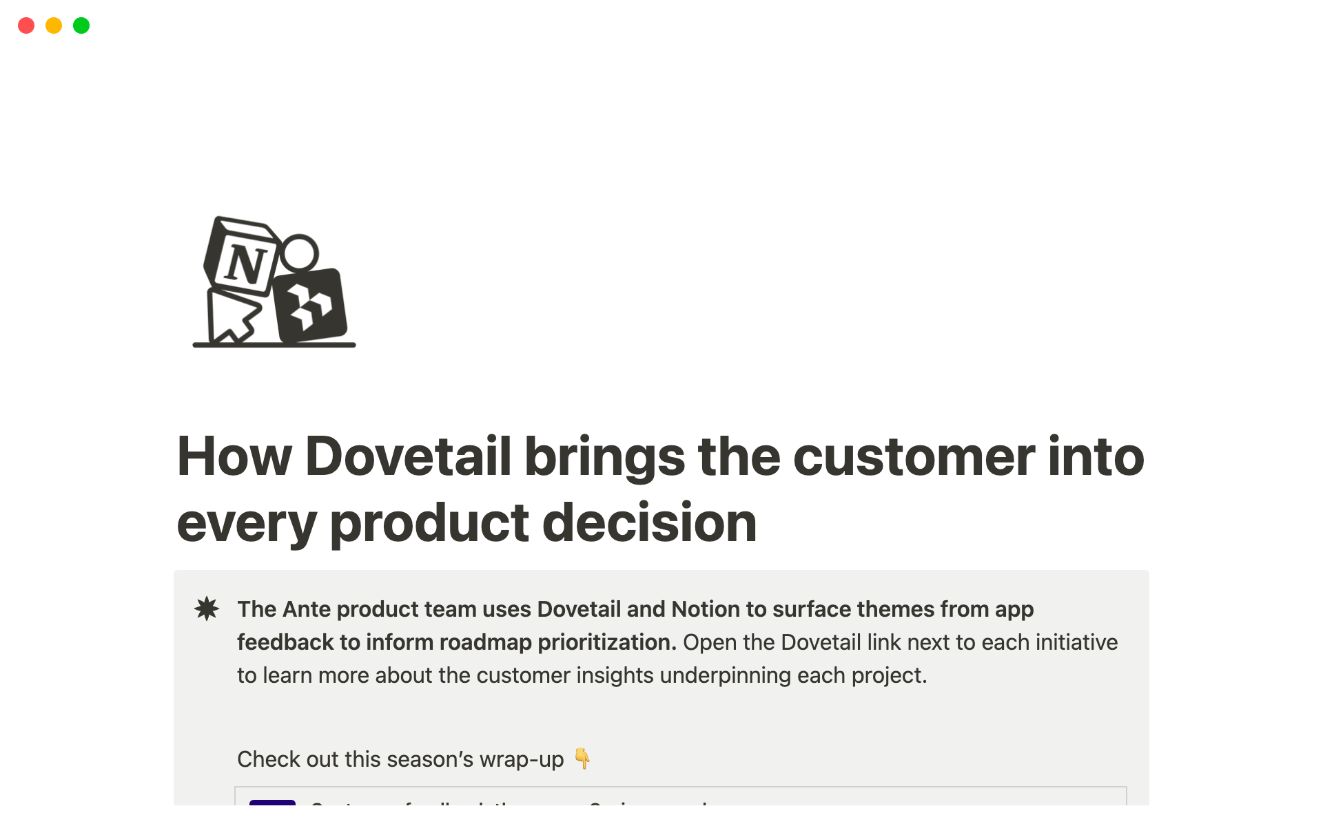 A template preview for How Dovetail brings the customer into every product decision