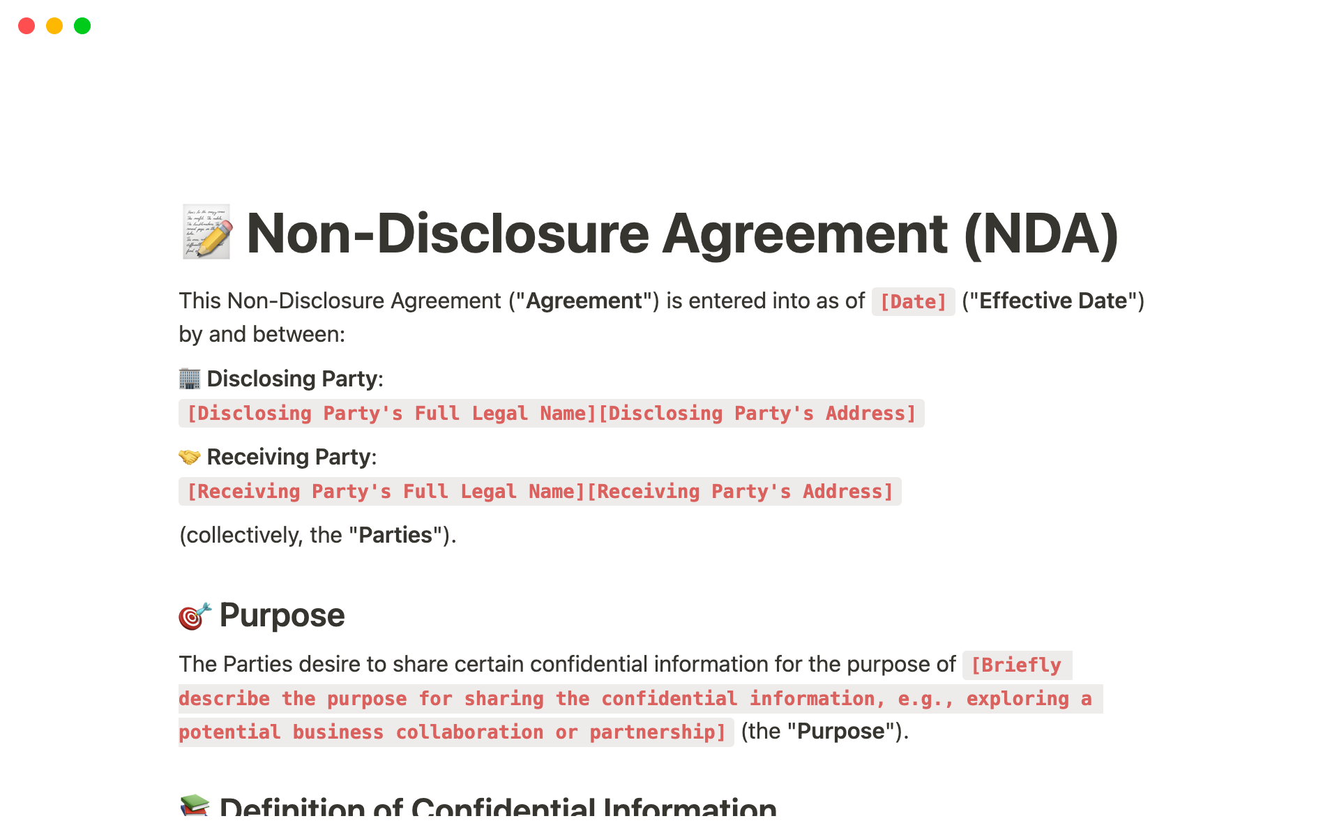 A basic NDA template to protect confidential information shared between parties during business discussions or collaborations.