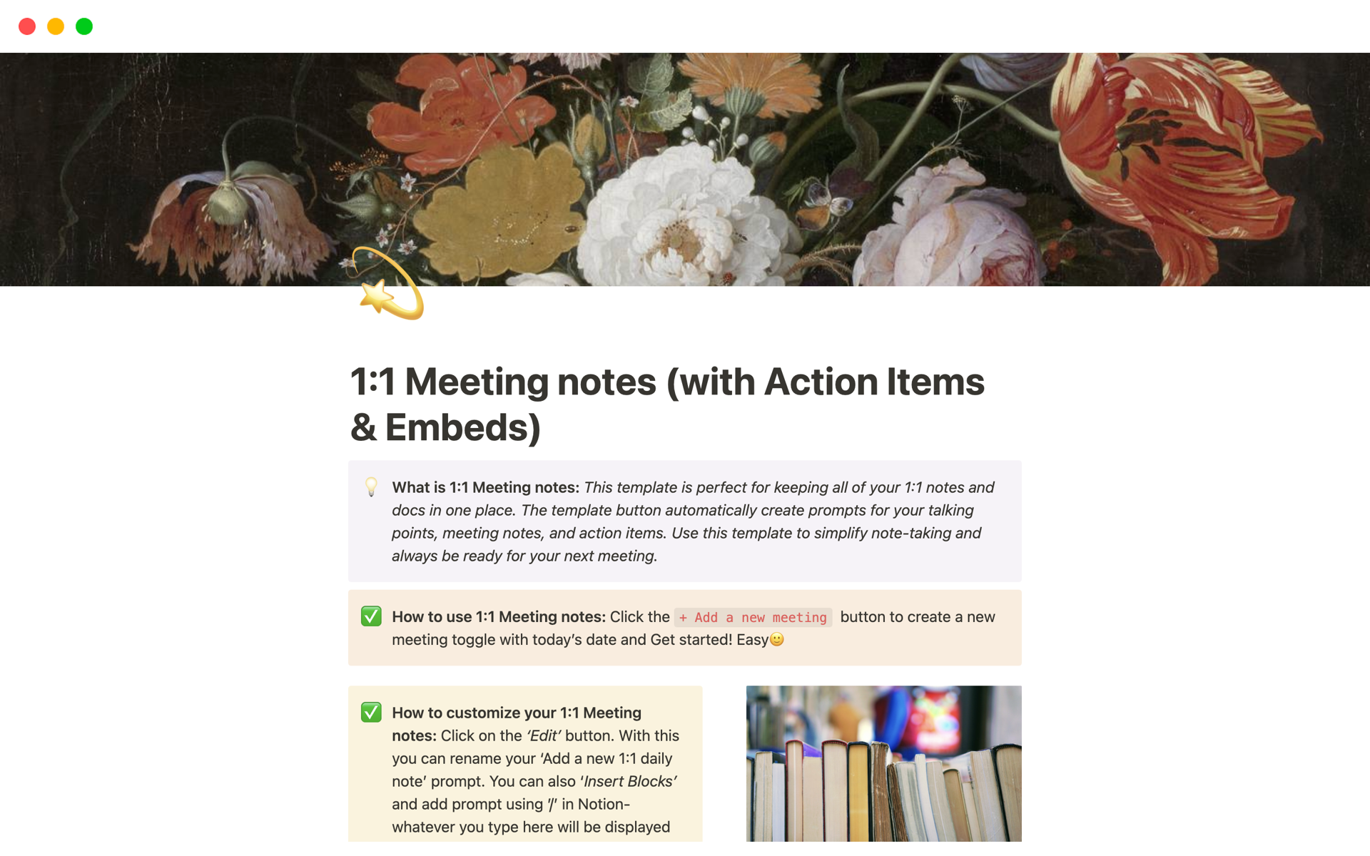 A template preview for 1:1 Meeting notes (with Action Items & Embeds)