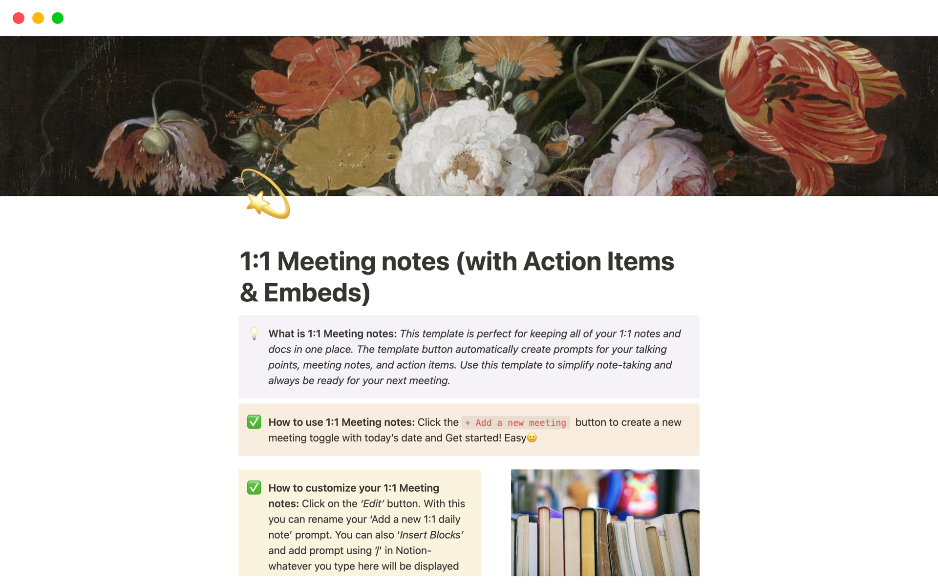 En forhåndsvisning av mal for 1:1 Meeting notes (with Action Items & Embeds)