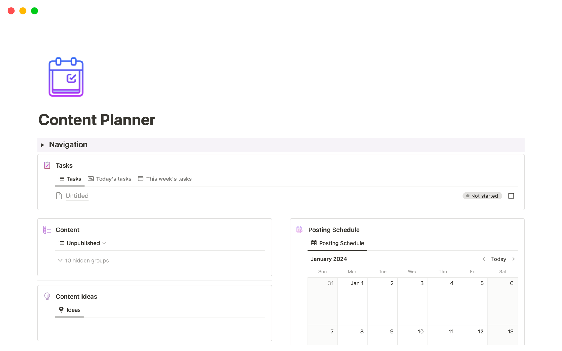 Vista previa de una plantilla para Content Planner