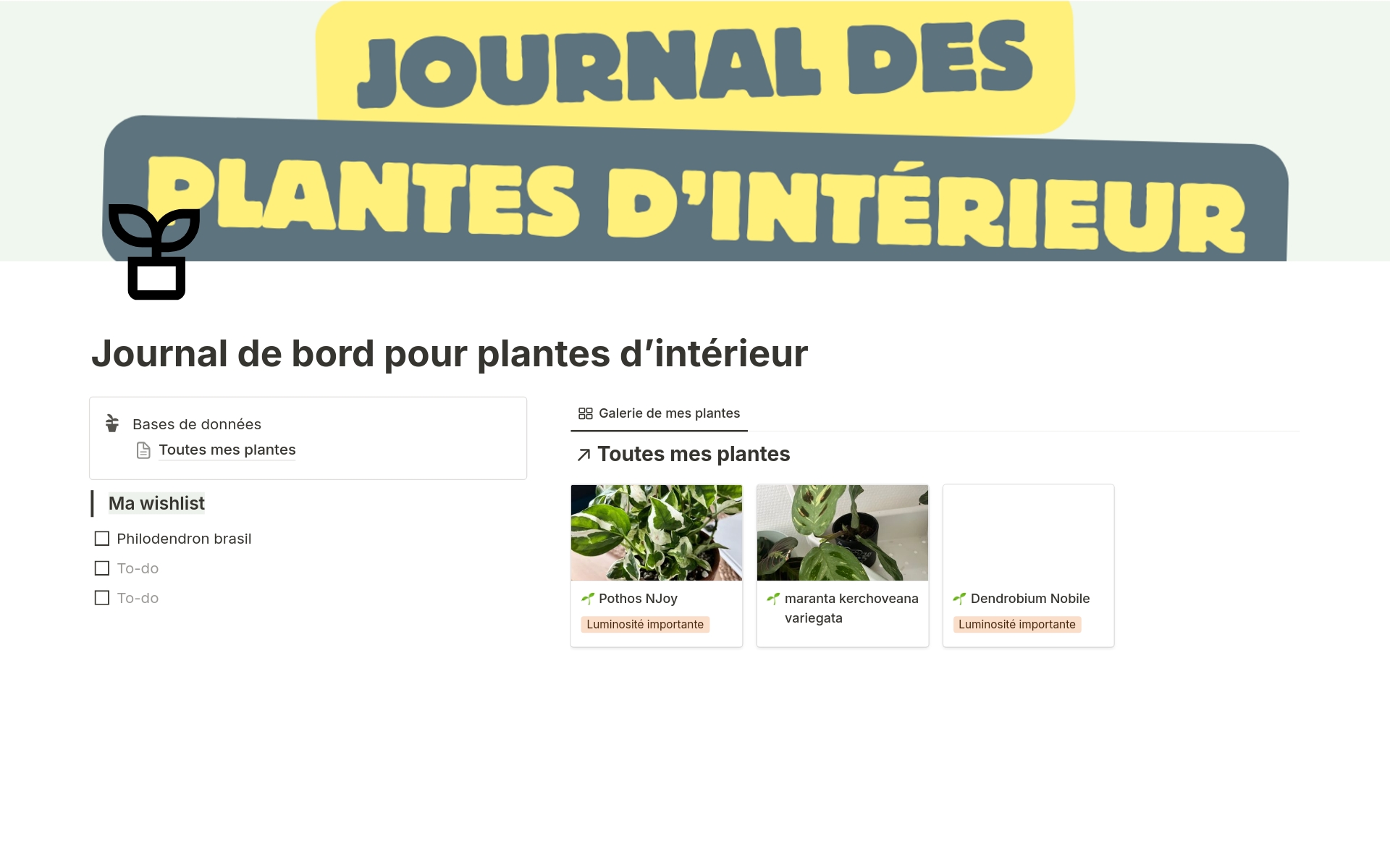 A template preview for Journal de bord pour plantes d'intérieur