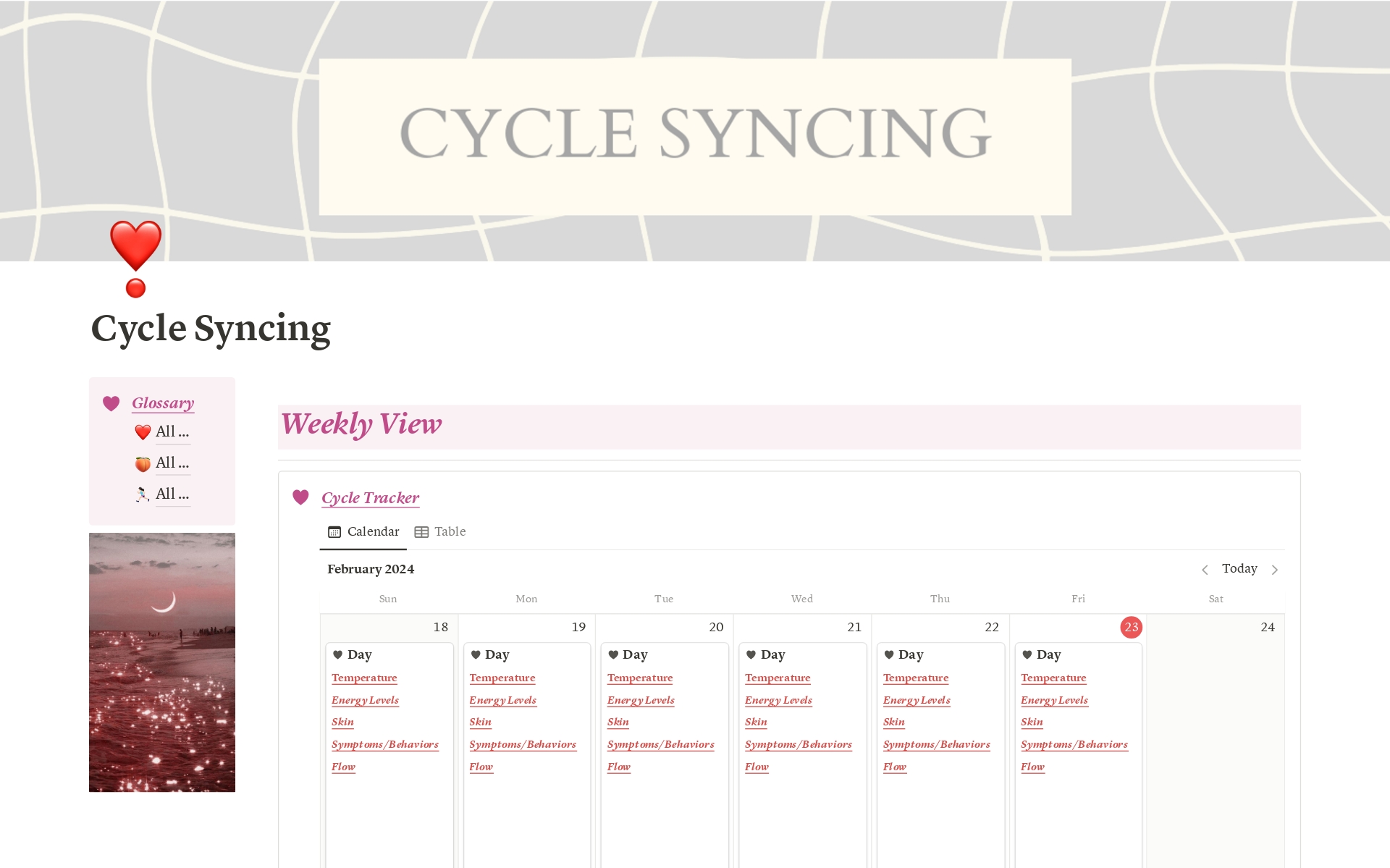 Cycle Syncing Trackerのテンプレートのプレビュー