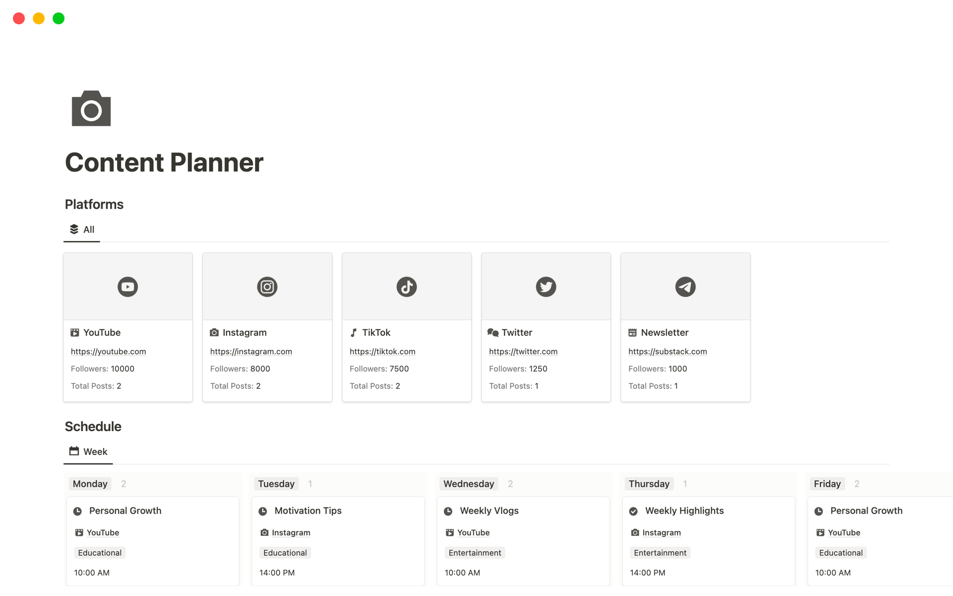 Notion Content Planner enables creators to streamline content creation across social media with comprehensive planning, tracking, and scheduling tools.