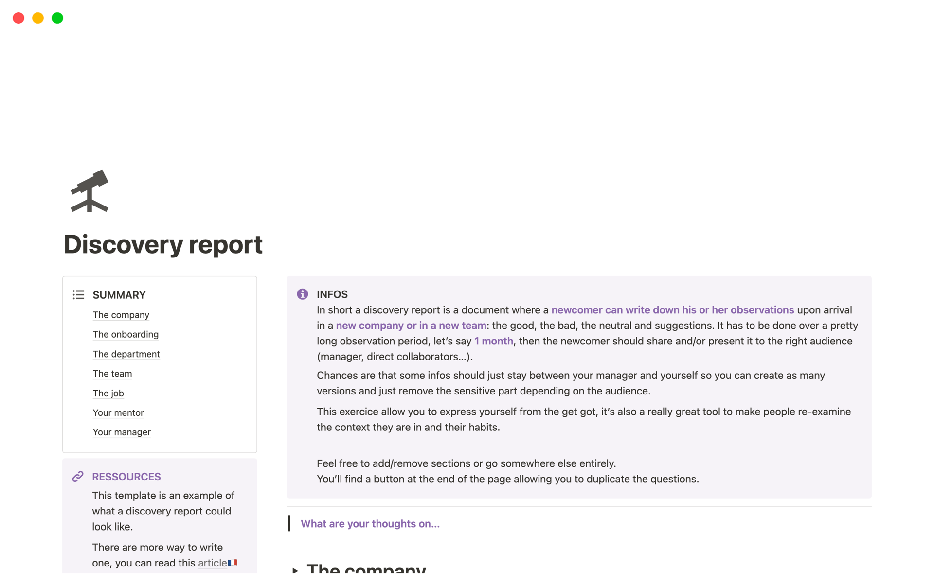 A template preview for Discovery report
